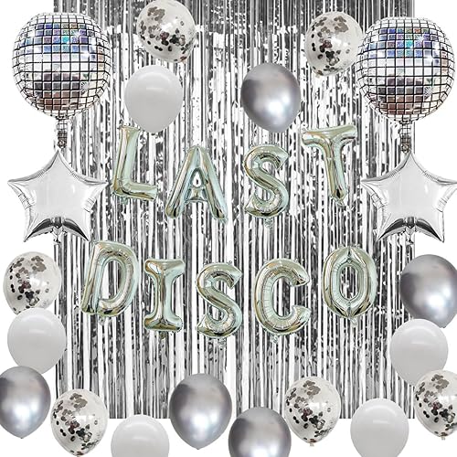 Kit de decoración de despedida de soltera plateada pancarta de globos de despedida de soltera con bolas de discoteca 4D cortina de flecos plateados