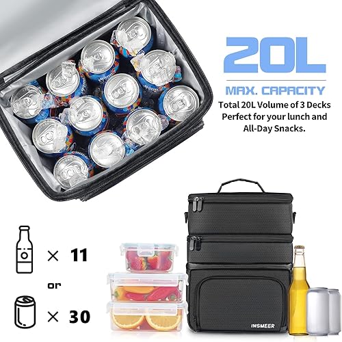 Miniatura 2 de Lonchera de 3 compartimentos lonchera grande de 20 litros para hombres bolsa de almuerzo aislada con parte inferior resistente correa de hombro