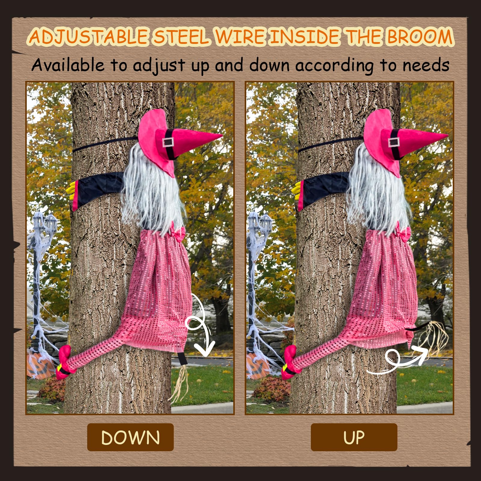 Mewcooss 67" Large Crashing Witch Halloween Decor - Pink Witch Halloween Decor Crashing into Tree Props Halloweens Flying Witches Decoration with Broom for Outdoor Backyard Garden & Lawn: Pink and Black