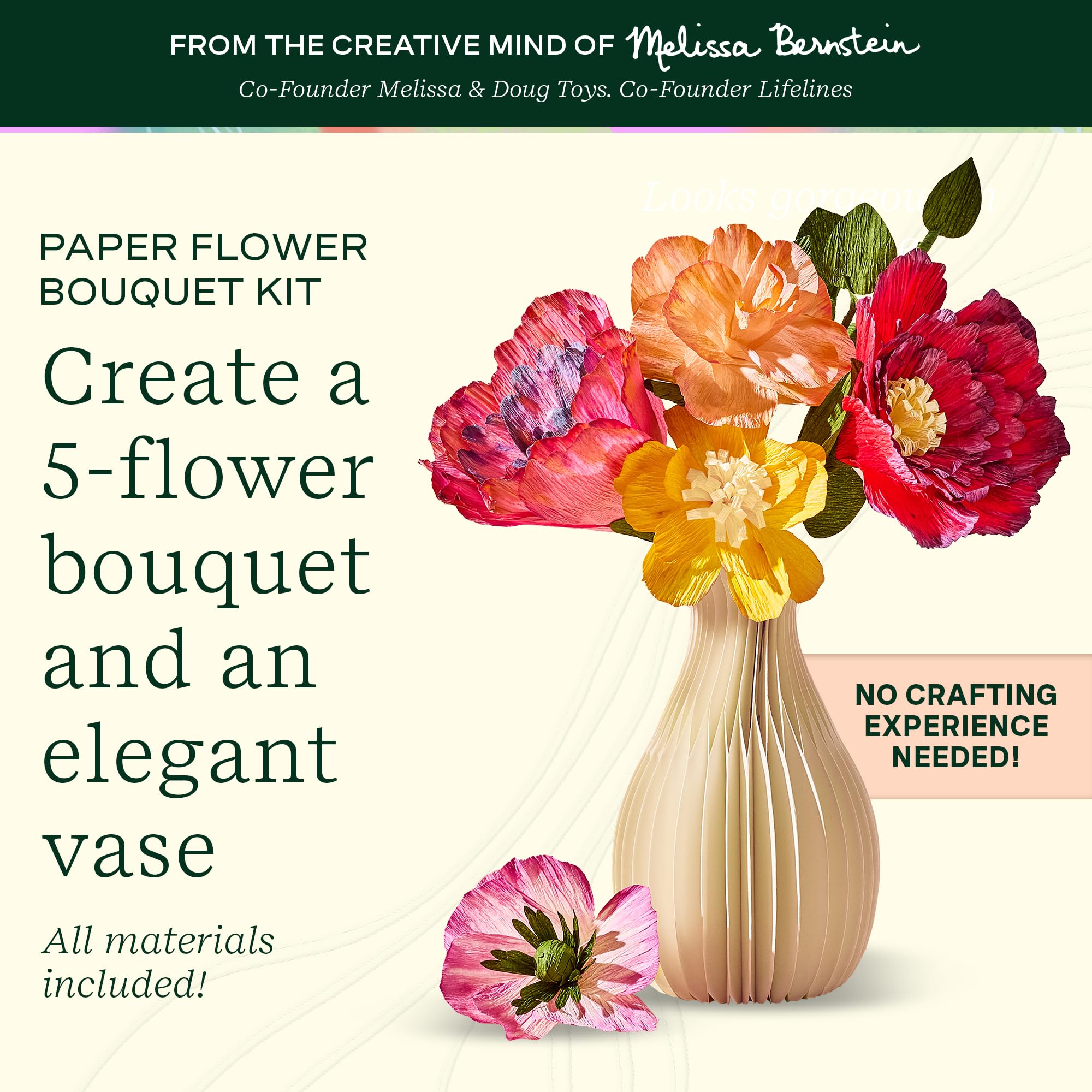 Lifelines FlowCrafts, Paper Flower Bouquet - Create a 5-Flower Bouquet with 80+ Petals, 2 Leafy Sprigs & Elegant Vase - Sensory Arts & Crafts Kit for Teens & Adults - Paper Decorations