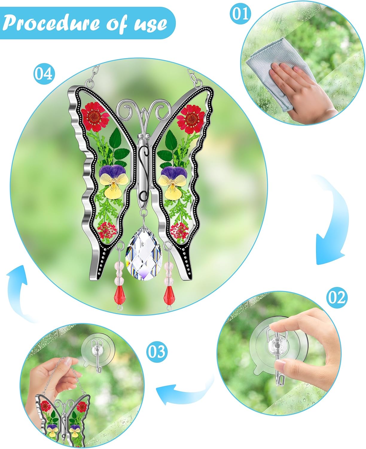 KY&BOSAM Crystal Butterfly Suncatchers Stained Glass Sun Catcher for Window Haning Wind Chime with Dried Flowers and Colorful Rainbow Prisms Charms for Mom Birthday Christmas Decor