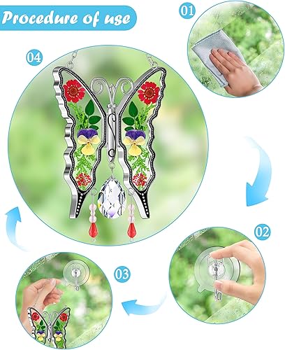 Miniatura 7 de KY&BOSAM Atrapasoles de mariposa de cristal para ventana, campanilla de viento Haning con flores secas y coloridos dijes de prismas de arco iris