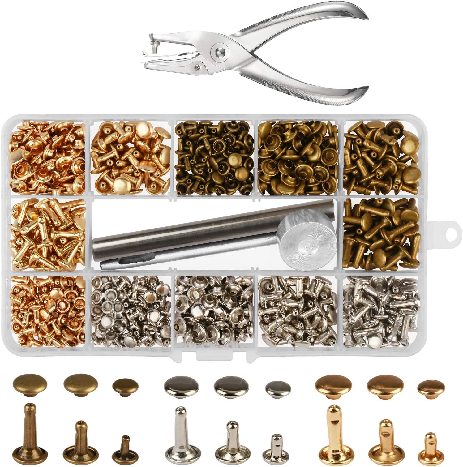 300 Sets 3 Sizes Leather Rivets LANMOK Double Cap Rivet Buttons Press Studs with Pliers and 3 Pieces Fixing Set Tools for Rivets Replacement DIY Craft Repairing Decoration