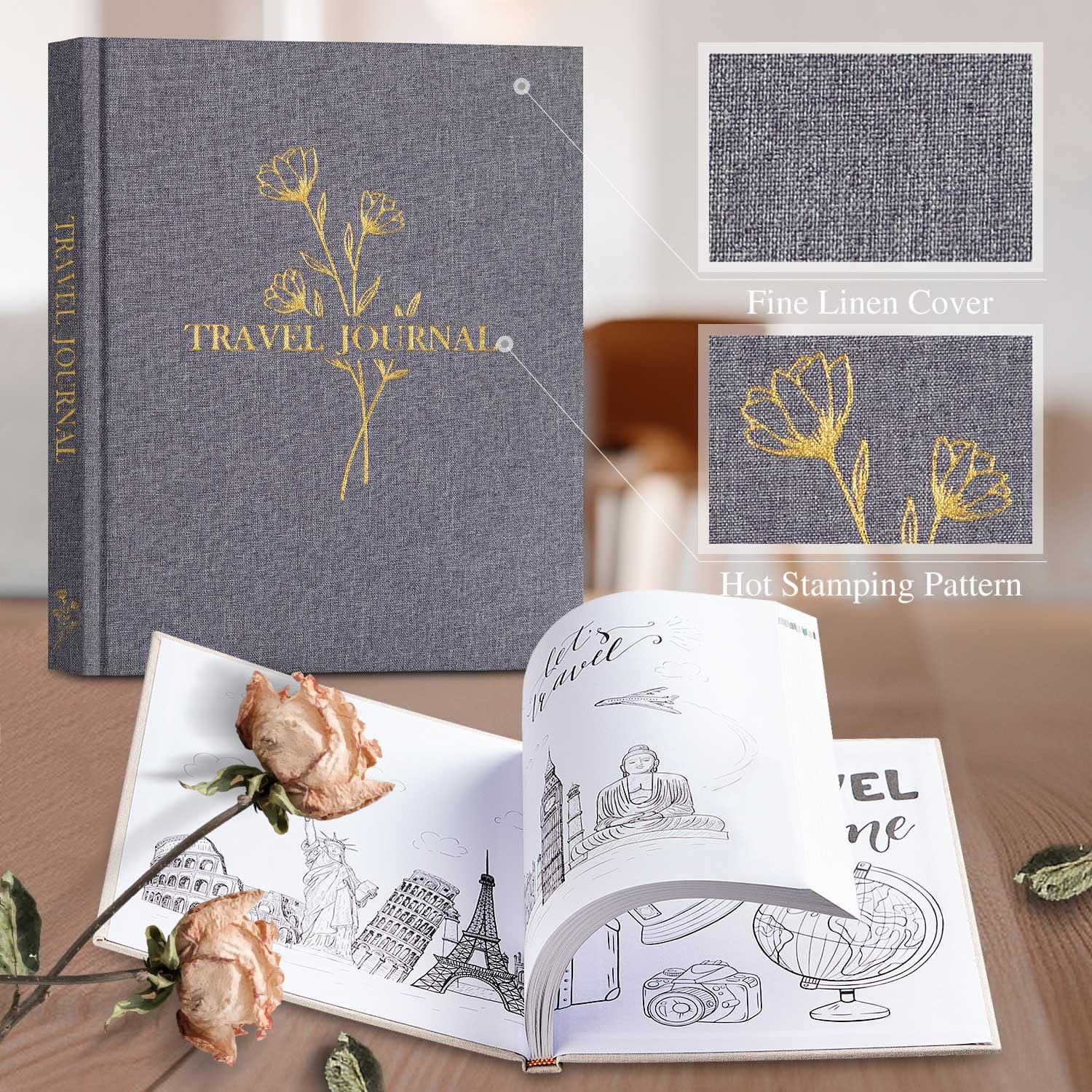 Lanpn Travel Photo Journal Notebook for Women Men Linen Travel Log Diary Scrapbook Memory Book with Prompts - Image 2