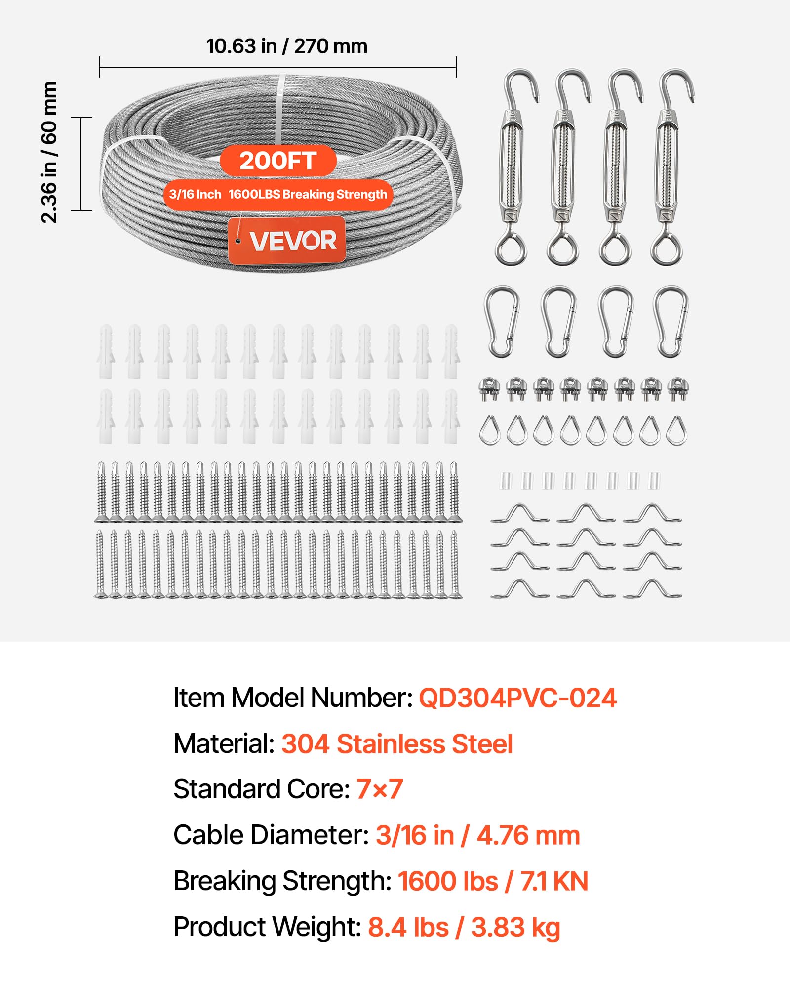 VEVOR Câble Acier Inoxydable 4,76 mm x 61 m Cable Inox 304 Kit Fil Tressé Inox Enduit PVC pour Garde-corps Terrasse, Treillis de Jardin, Guirlandes Lumineuses, Résistance à Rupture 7,1 kN, 7x7 Brins