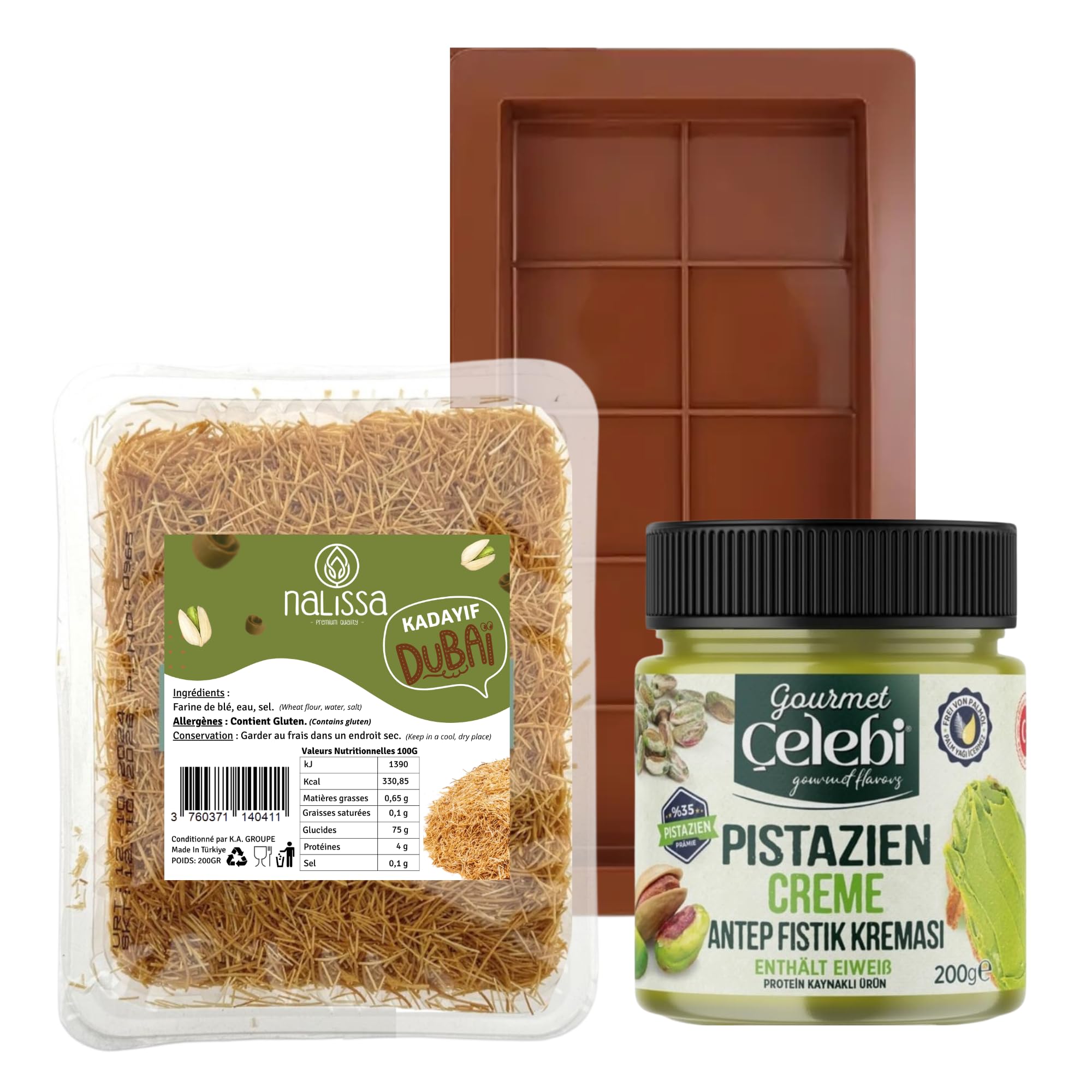 Kit tablet cioccolato Dubai – Stampo in silicone senza BPA + 200 g Kadaif croccante capelli d'angelo + 200 g crema di pistacchio gourmande, facile da realizzare a casa | pasticceria orientale