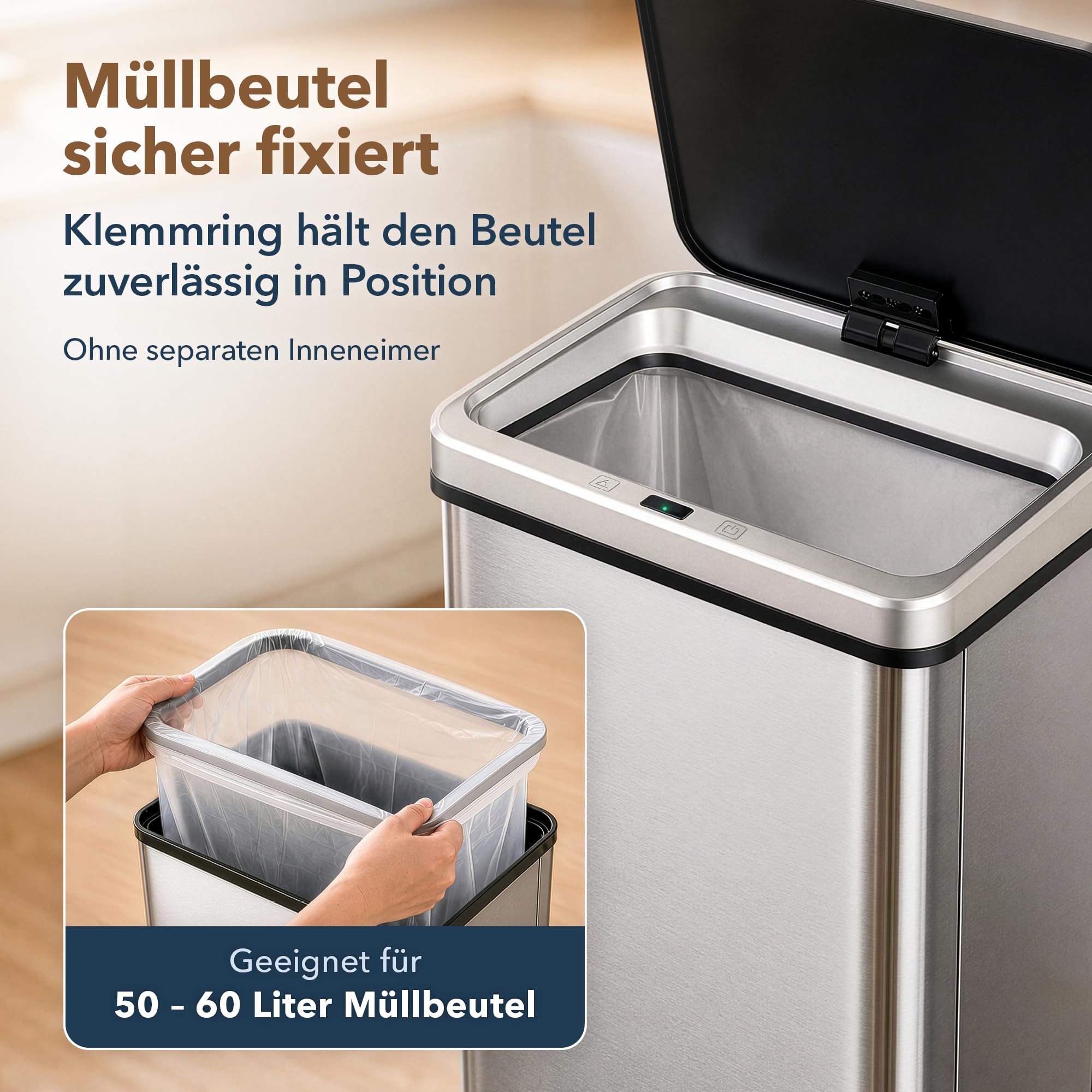 ledscom.de 2x SORTA Sensor Mülleimer 50L, Edelstahl Abfalleimer | automatischer Bewegungssensor, Touch-Bedienung, Soft-Close, 4x AA Batterie, 35,5 x 26 x 67 cm, Silber/Schwarz