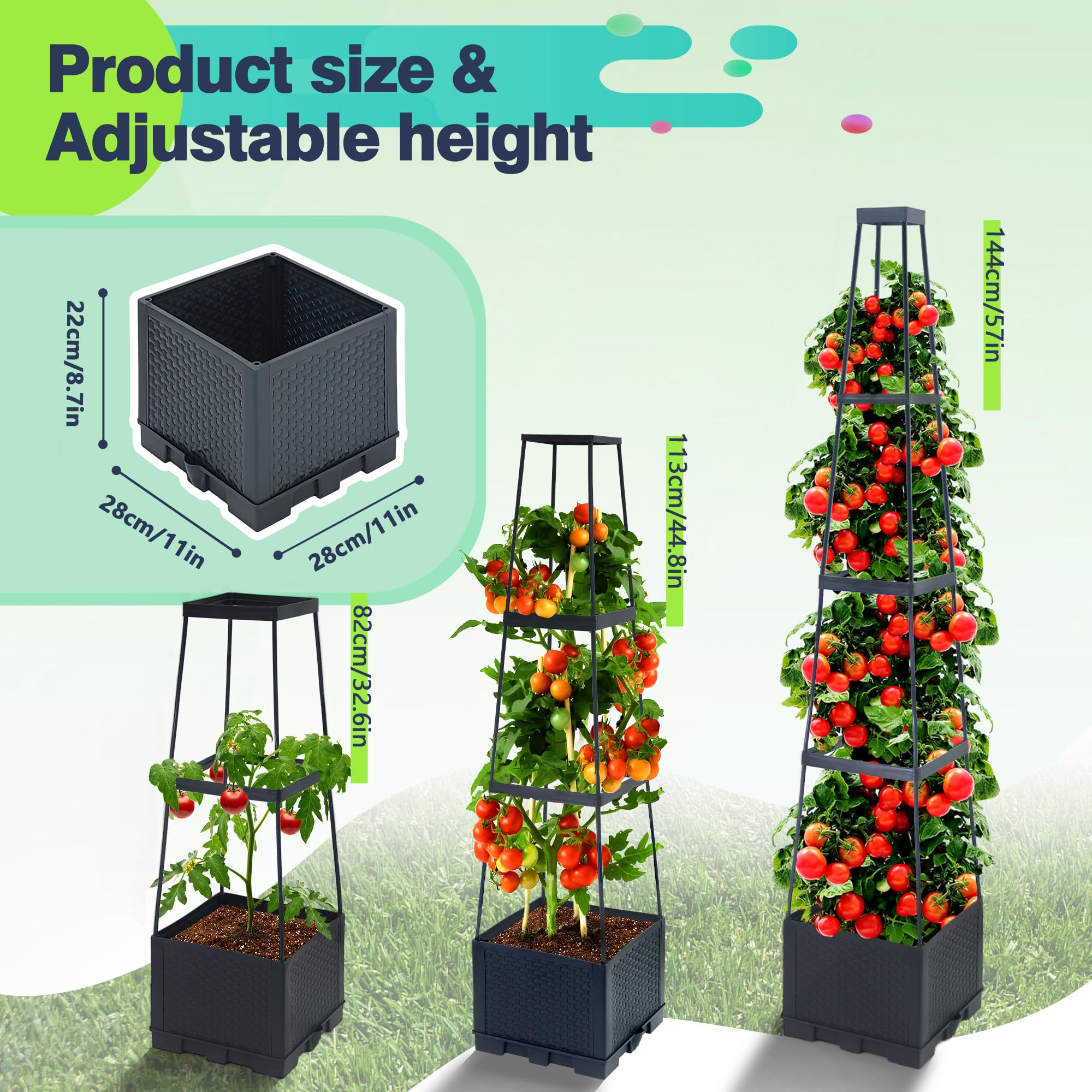 2 szt. 143 cm Sadzarka pomidorowa z Trellis, 56" Self-Tanning Pomidor Sadzarka z Trellis, nadaje się do roślin uprawnych, kwiatów, warzyw, ogrodów