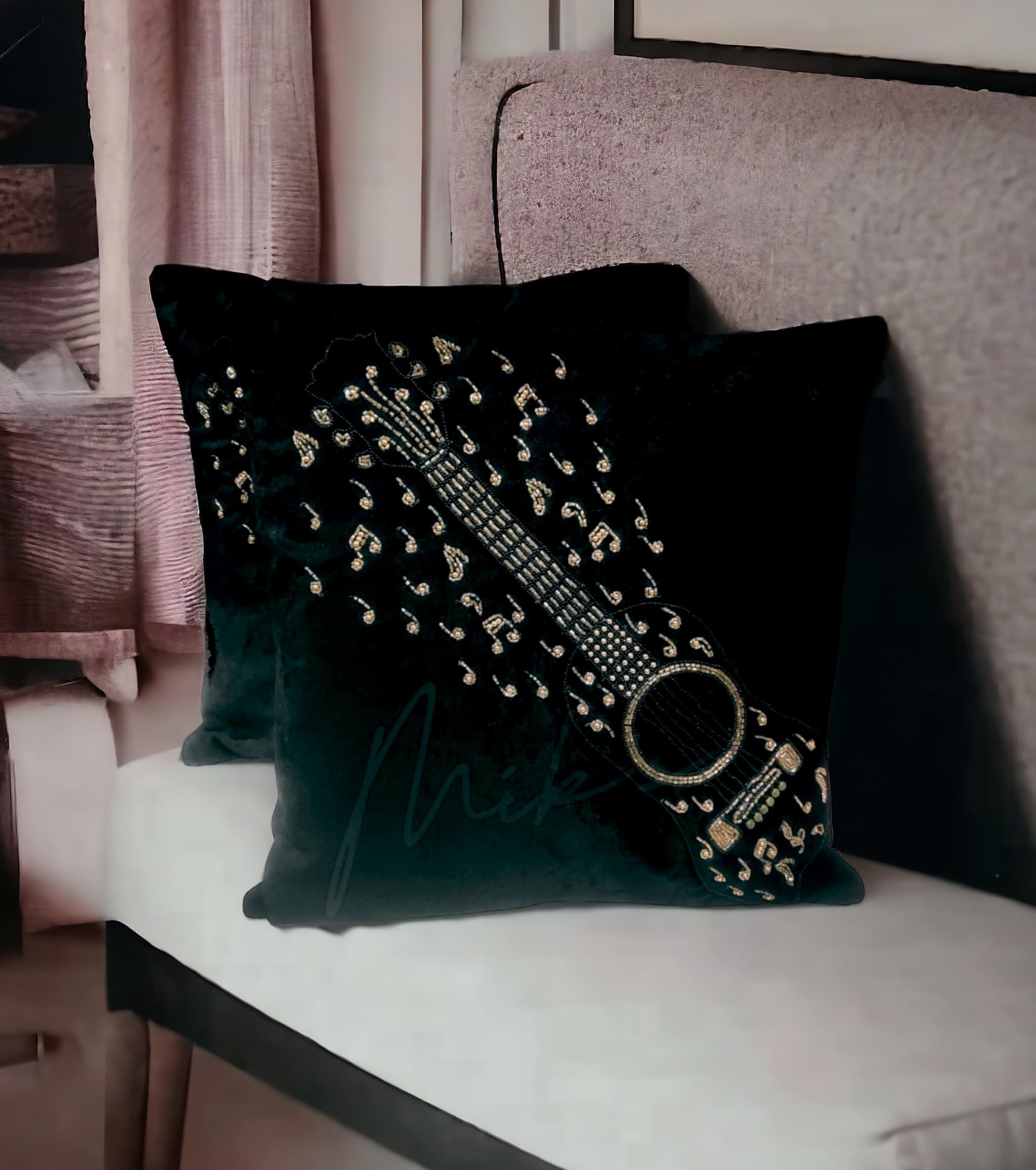 Mystik Homes Precious Embroidered Sequence Stone Work Sparkle Velvet Cushion Covers (16x16 inch) Cushion Covers (Guitar Black)-image-39