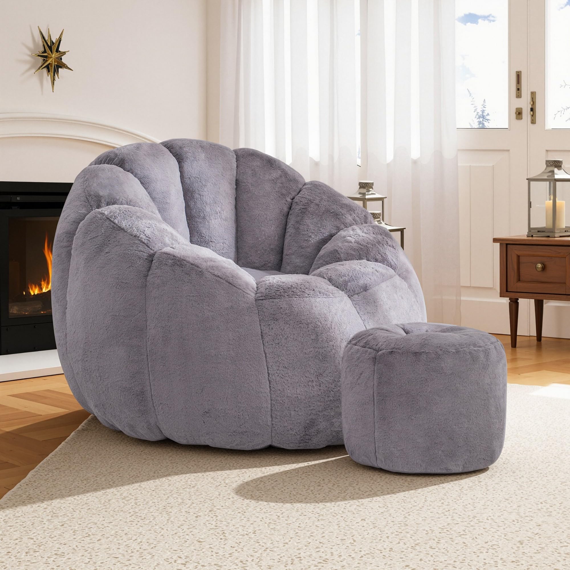 COCONINO WJ Bean Bag Chair, Bean Bag Chair with Ottoman, Stuffed Bean Bag Chairs with Filler, Big Beanbag Chairs with Filling for Living Room (Faux