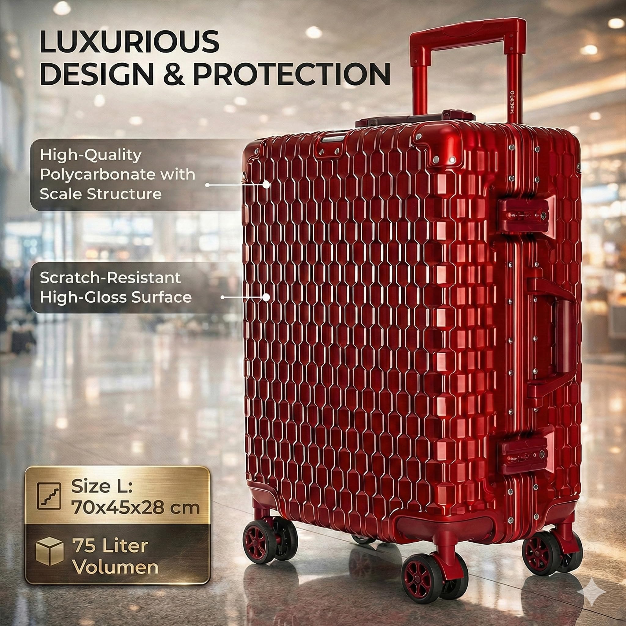 POSH Valigia Media - Trolley in Policarbonato con Telaio in Alluminio e 2 Chiusure TSA - Ruote Doppie Silenziose a 360° - Bagaglio a Mano Grande da Viaggio 70 cm, 75 L - Include Custopia Protettiva