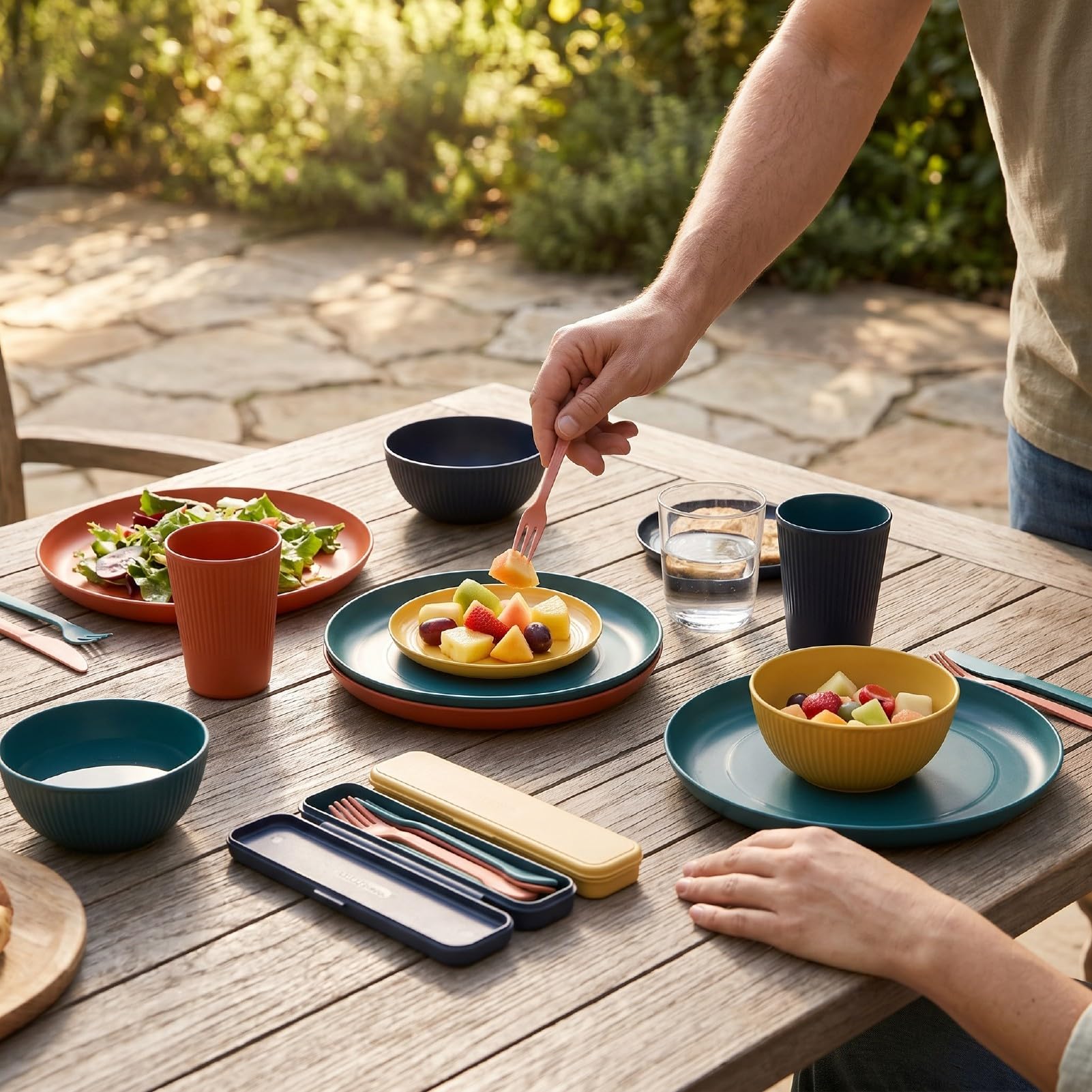 Bewinner Ensembles de Vaisselle Incassables pour 4 Personnes, Assiettes Légères, Bols, Tasses, Couverts – Passe au Lave-vaisselle et au -ondes, Empilable et Réutilisable pour Voyage, Camping,