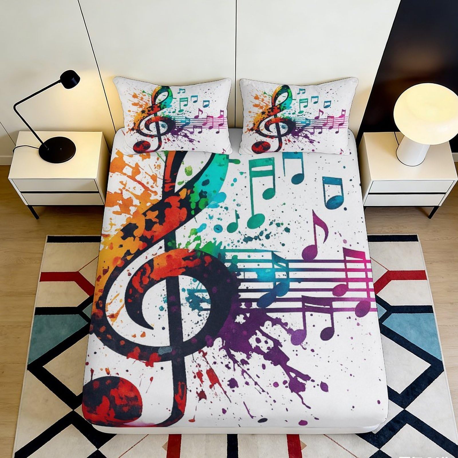 3D Printed Colorful Music Note Fitted Sheet Microfiber Soft Breathable Artistic Bed Cover for Bedroom Dormitory Guest Room Mattress Protection 120x200x25cm