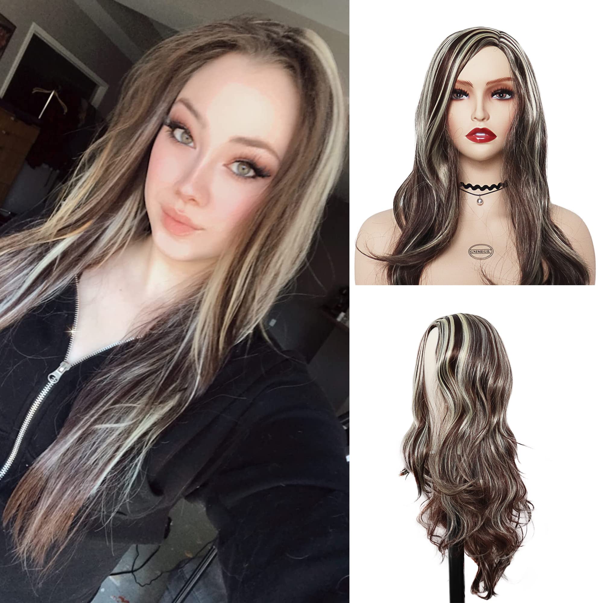 GNIMEGIL Long Curly Wig for Women Cosplay Blonde Mixed Brown Highlights Synthetic Wig for Woman Carnival Party Christmas Wigs