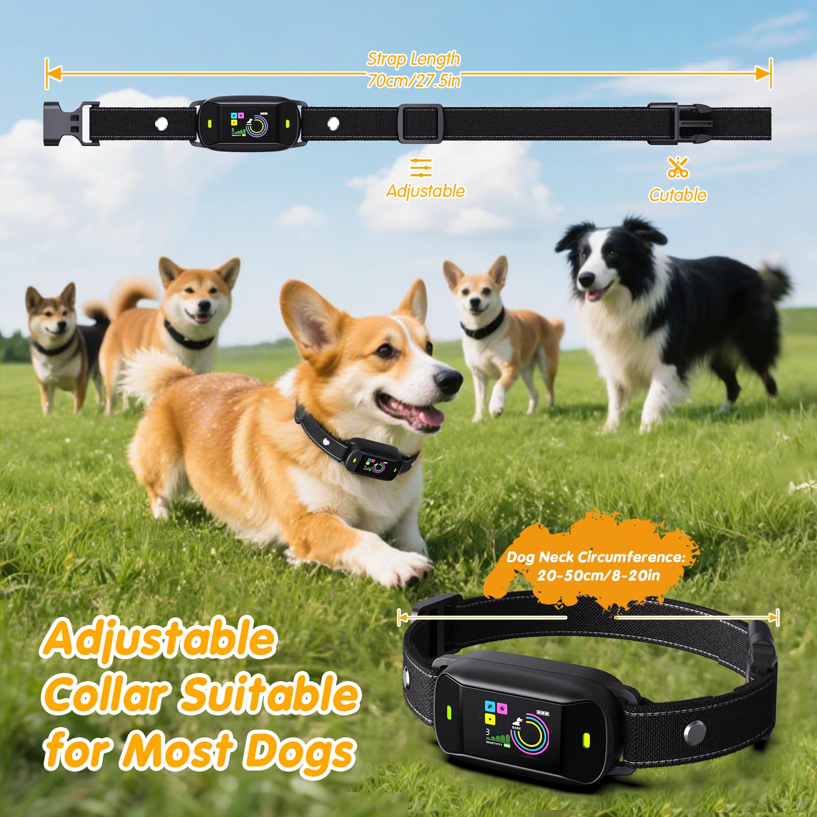 Collar Antiladridos para Perros, Modo de Sonido/Vibración/Vibración Fuerte, 1-5 Niveles de Sensibilidad, Resistencia al Agua IP67, Collar Antiladridos para Perros Pequeños, Medianos y Grandes