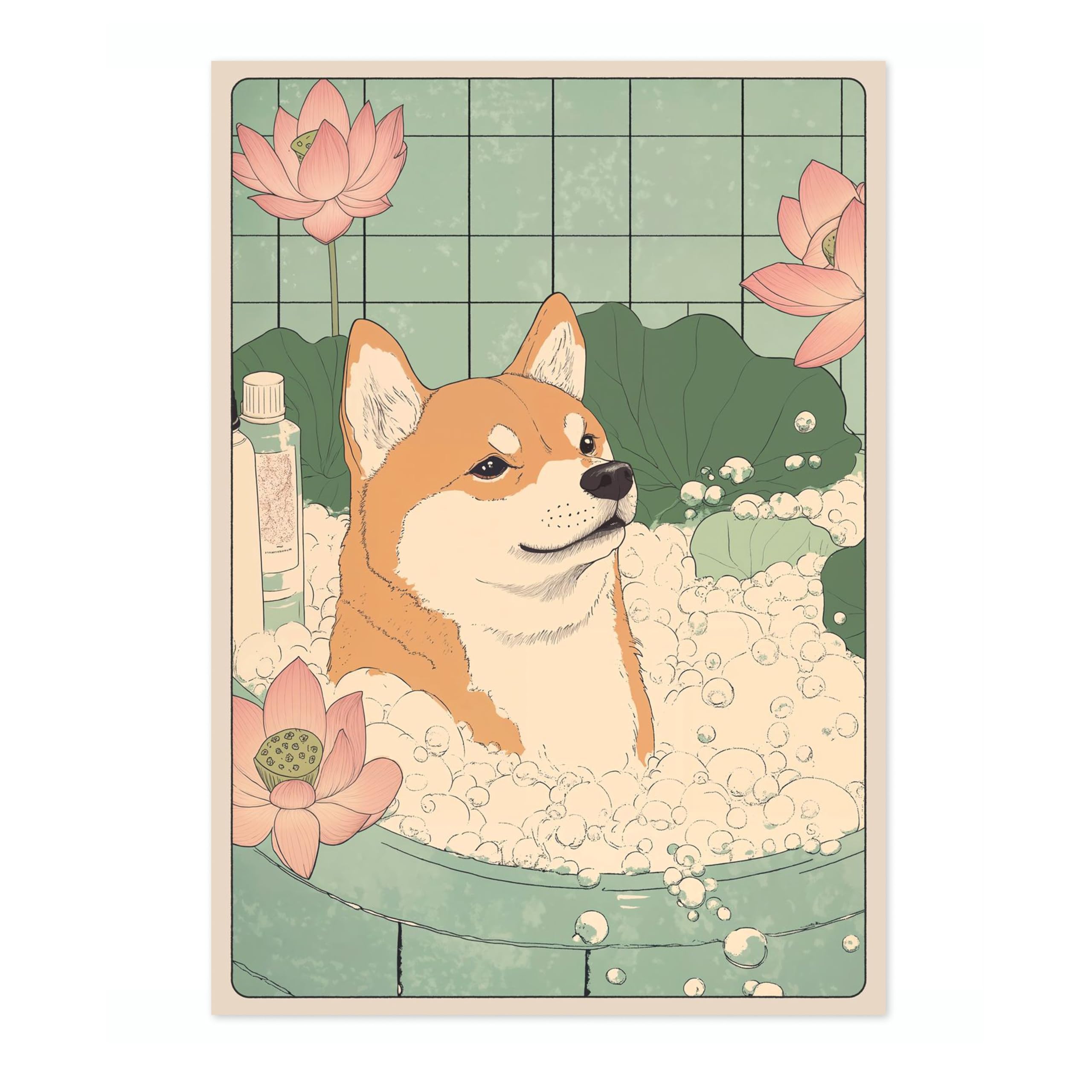 Shiba Inu Bathtime Anime Animal Poster, Funny Bathroom Wall Art Print, Manga, Bathroom Wall Art, Toilet Decor, A2 (Print Only) - 59.4x42cm