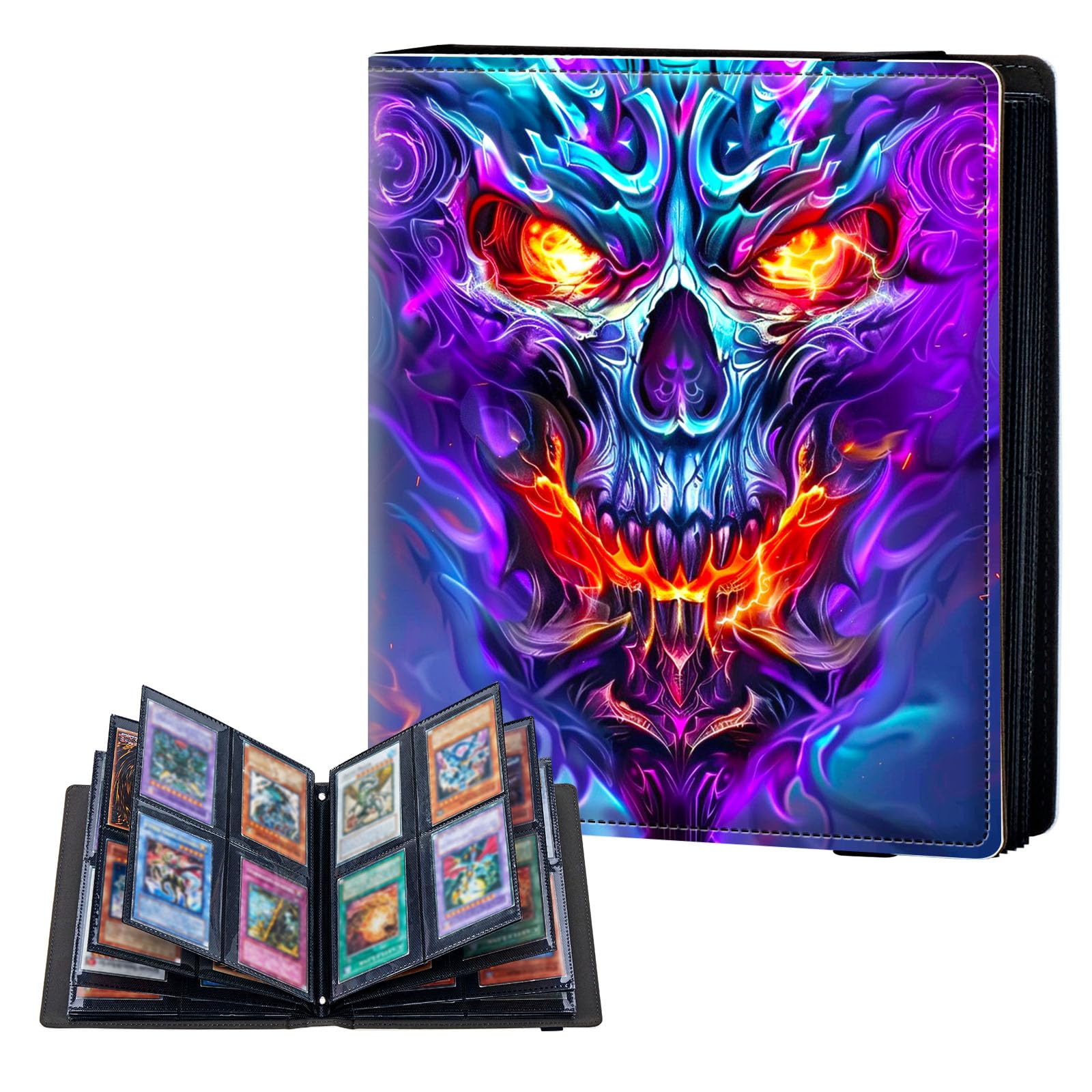 ETLKJVBL 4 Pocket Trading Card Binder, Card Collection Binder for TCG, MTG, Sports Cards, Baseball, Evil Skull with Colorful Flames Trading Card Book Holder for Collectors, Top Loader Binder