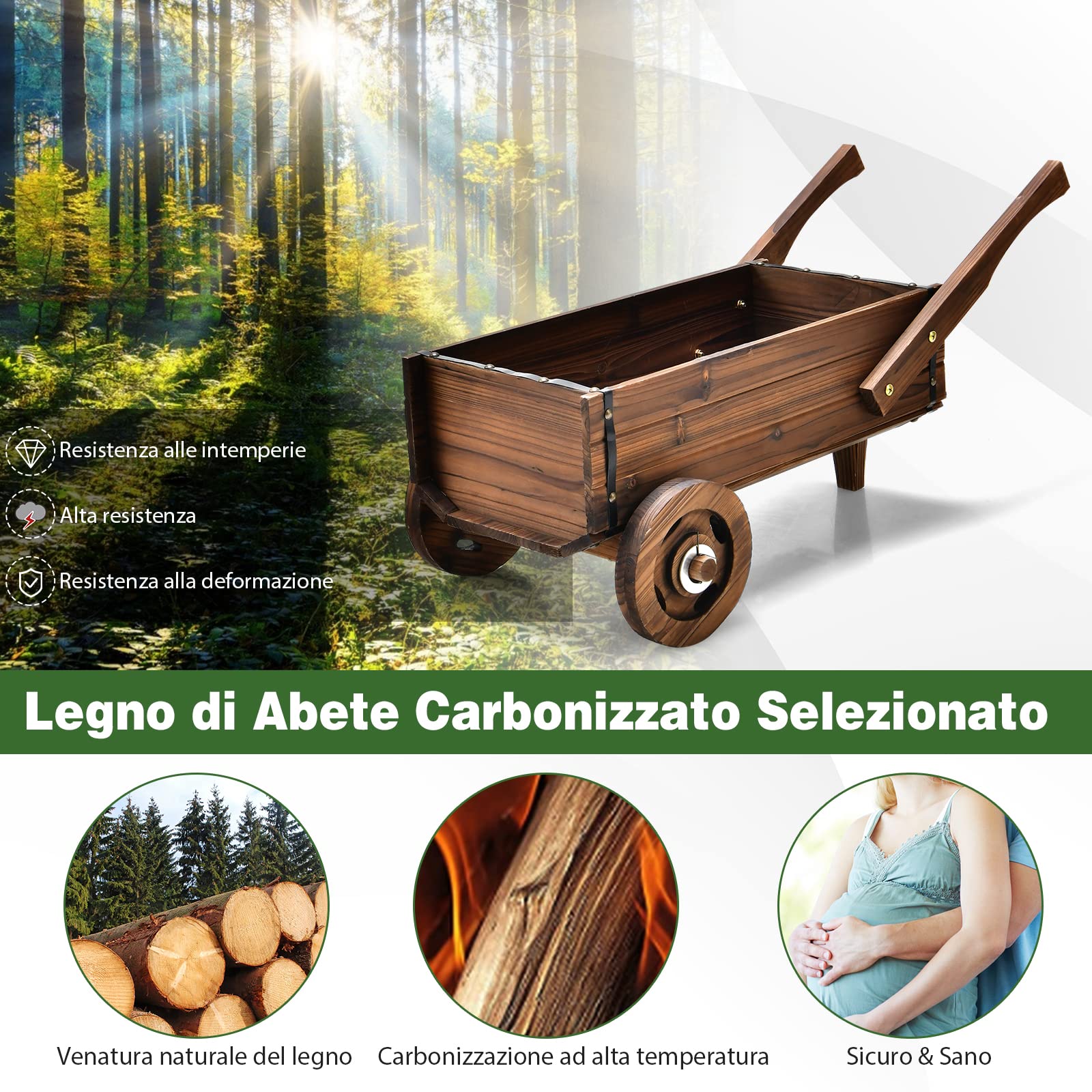 COSTWAY Fioriera da Esterno in Legno a Forma di Carrello, Carriola Portafiori con Ruote, Maniglie, Foro di Drenaggio, Carrello Decorativo da Interno ed Esterno, per Giardino, Patio e Balcone