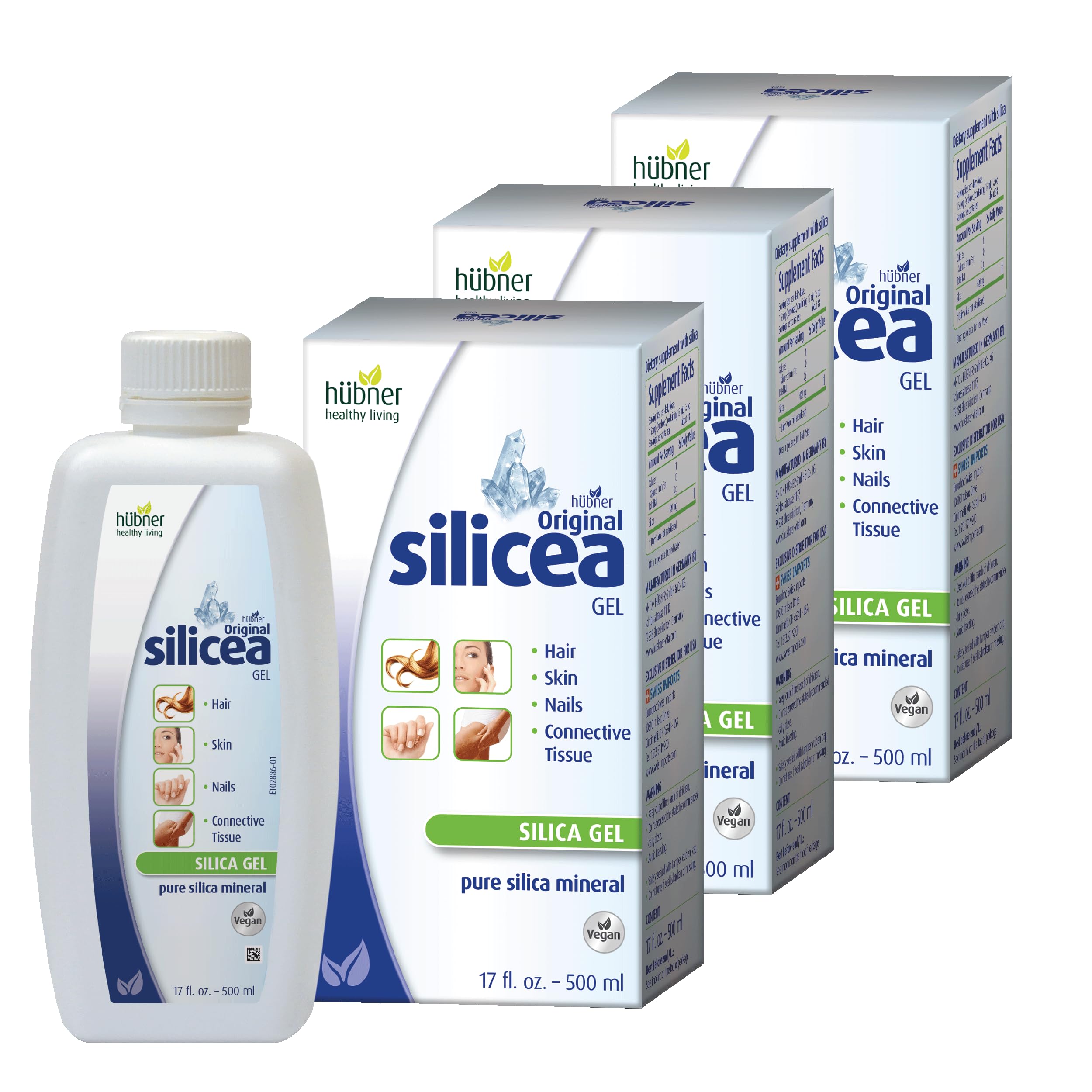 Hübner Original Silicea Gel 17 fl oz / 500 ml, 3 Pack, for Hair, Skin, Nails, and Connective Tissue, Pure Colloidal Silica Gel Formula, No Additives or Preservatives