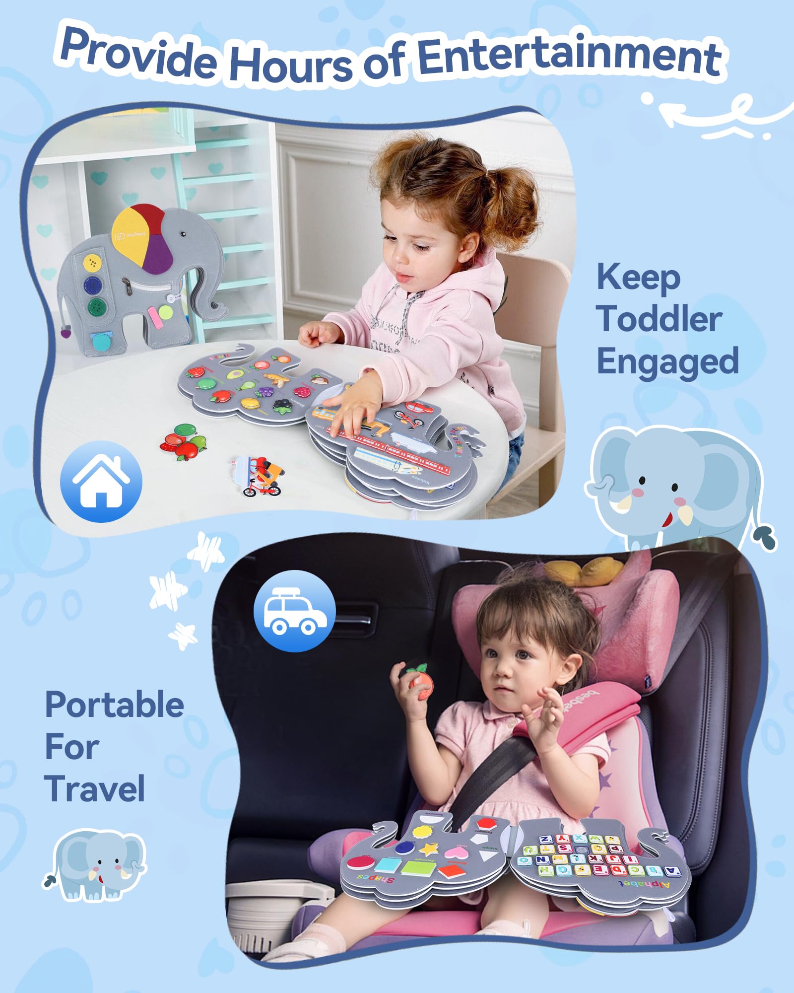 Heypappy Busy Board,12 in 1 Montessori Busy Board Feltro,Montessori Didattici Libro Sensoriale Educativo, Giocattolo per Abilità Motorie con Cintura Zaino Regalo Bambino Compleanno Natale