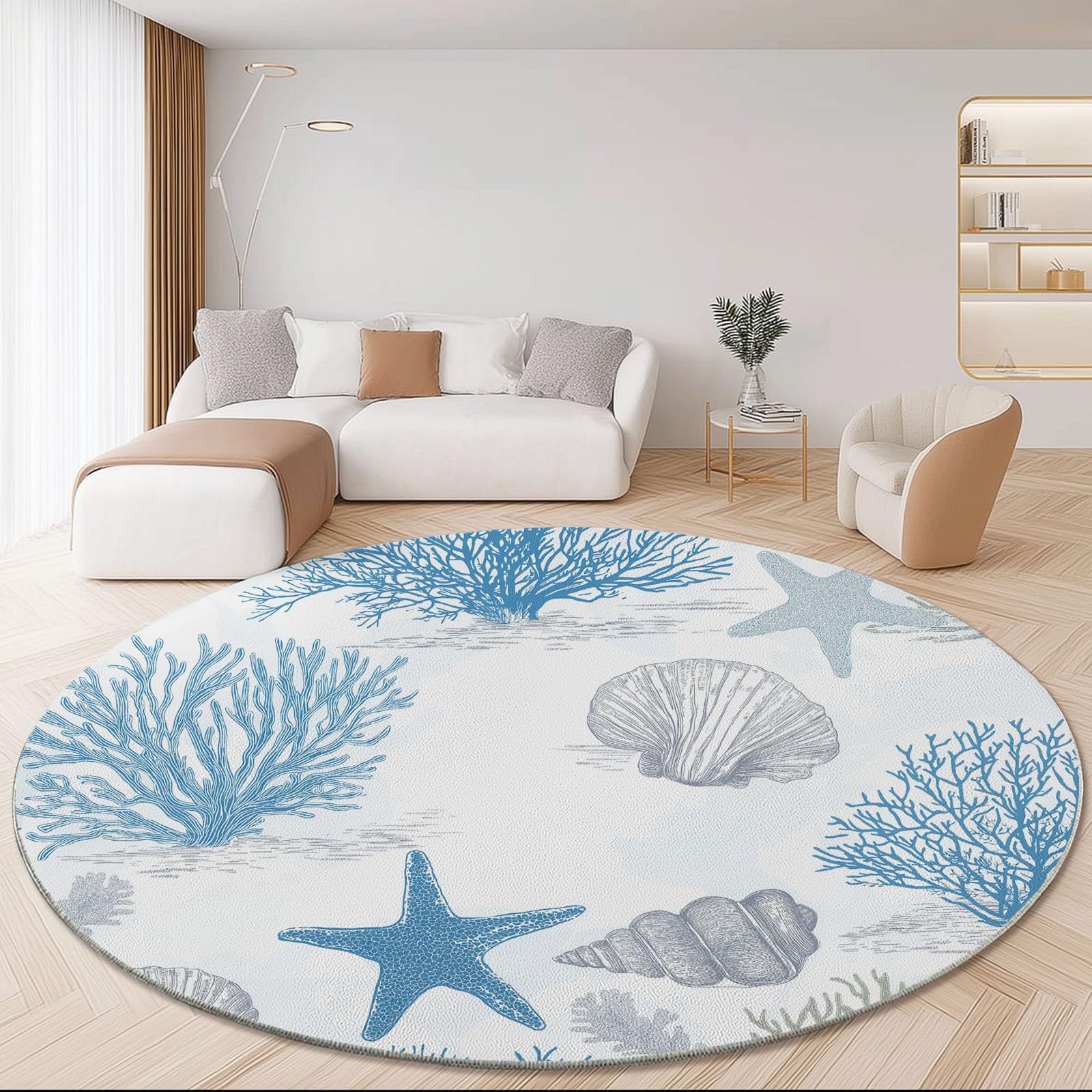 Tappeto Rotondo da 150 cm, con Motivo Astratto a Corallo Dipinto a Mano, Lavabile in Lavatrice, Morbido e Antiscivolo, Ideale per Camera da Letto, Soggiorno, Cucina e Arredamento c