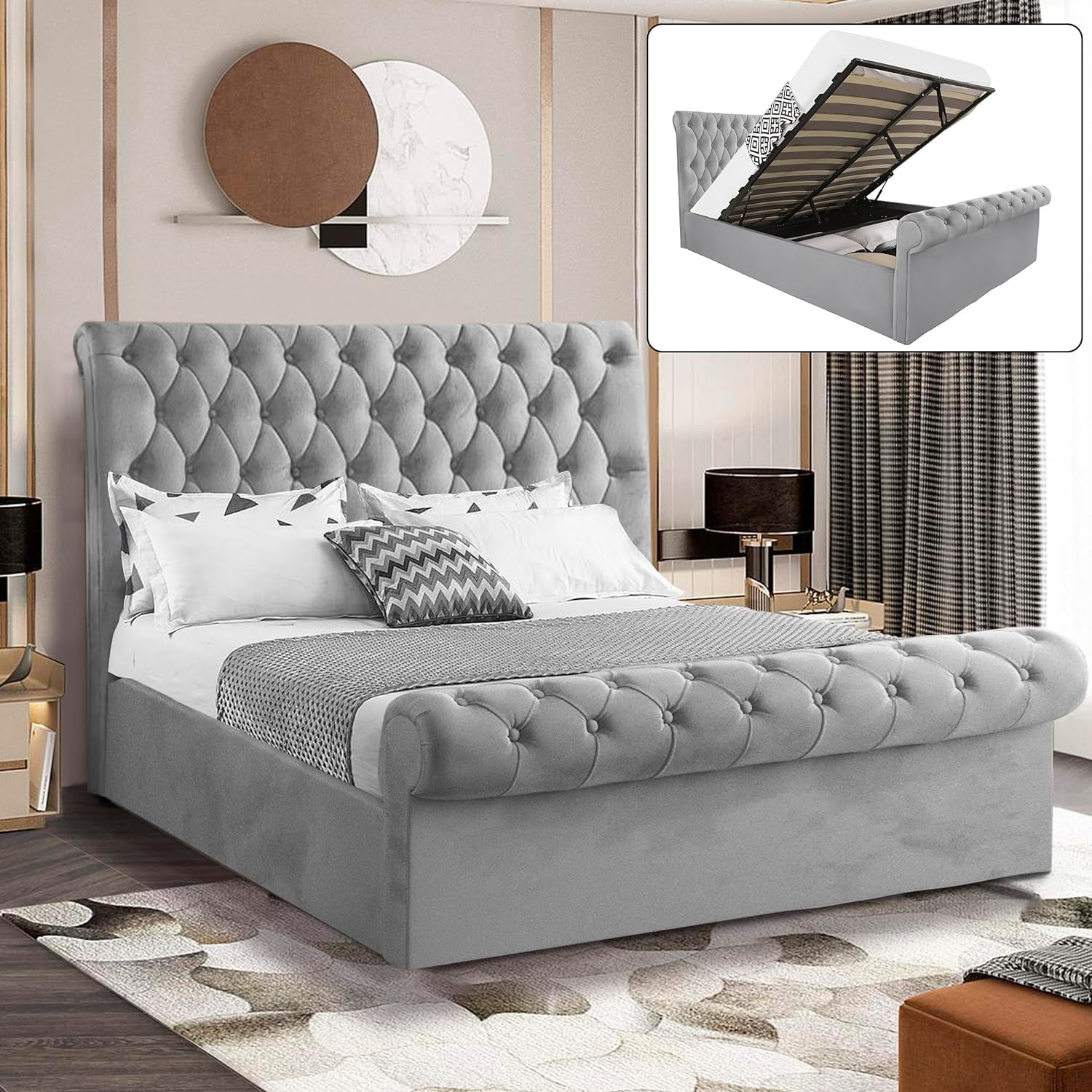 Blisswood Ottoman Small Double Bed Frame With Mattress, Upholstered Gas Lift Up Bed Frame With Storage, Ottoman Storage Bed With Gas Lift Wooden Slats, (4ft Grey Small Double Bed, Mattress Included)
