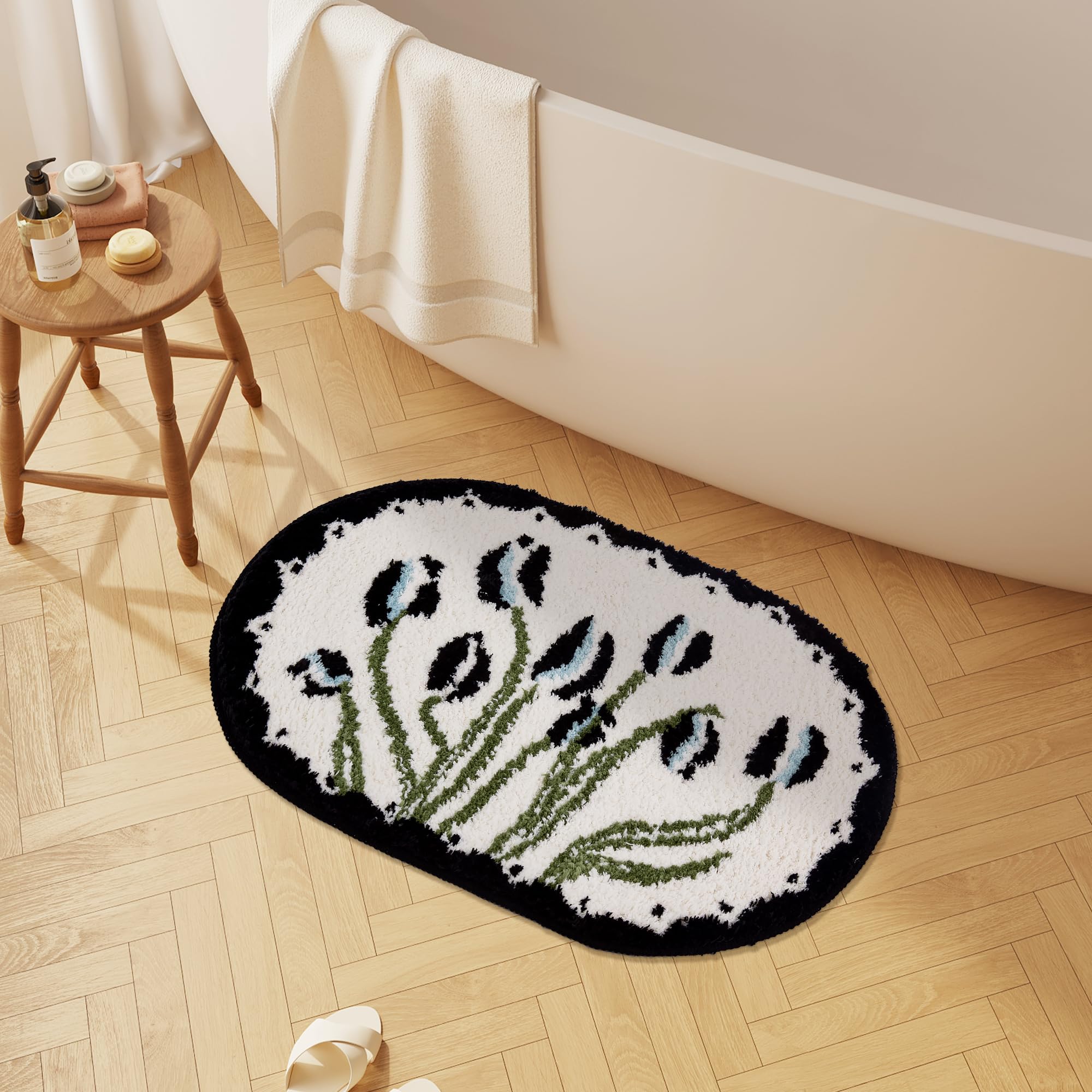 Cute Small Bath Mat，Boho Floral Black and White Bathroom Rugs,Non-Slip Washable Tufted Absorbent Aesthetic Rugs for Bathroom Bedroom Kitchen Door Mat