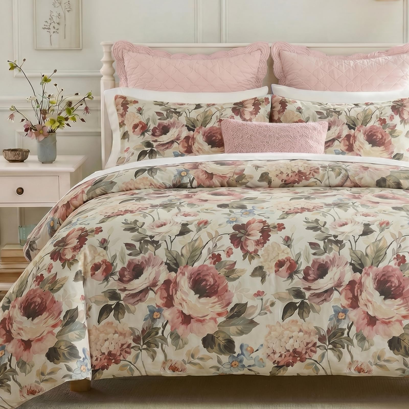 Herside Cotton Floral Duvet Cover King Size Bedding Set Pink Floral Botanical Print Girls Women Romantic Bedroom Decor Soft & Breathable 100% Cotton Duvet Cover with 8 Corner Ties