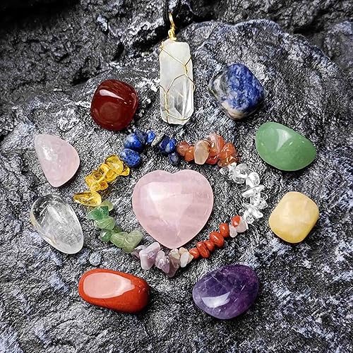 Miniatura 7 de Kadlawus Juego de combinación de chakras de jade de cristal, colgante de pilar hexagonal de amor, caja de regalo de piedras preciosas coloridas