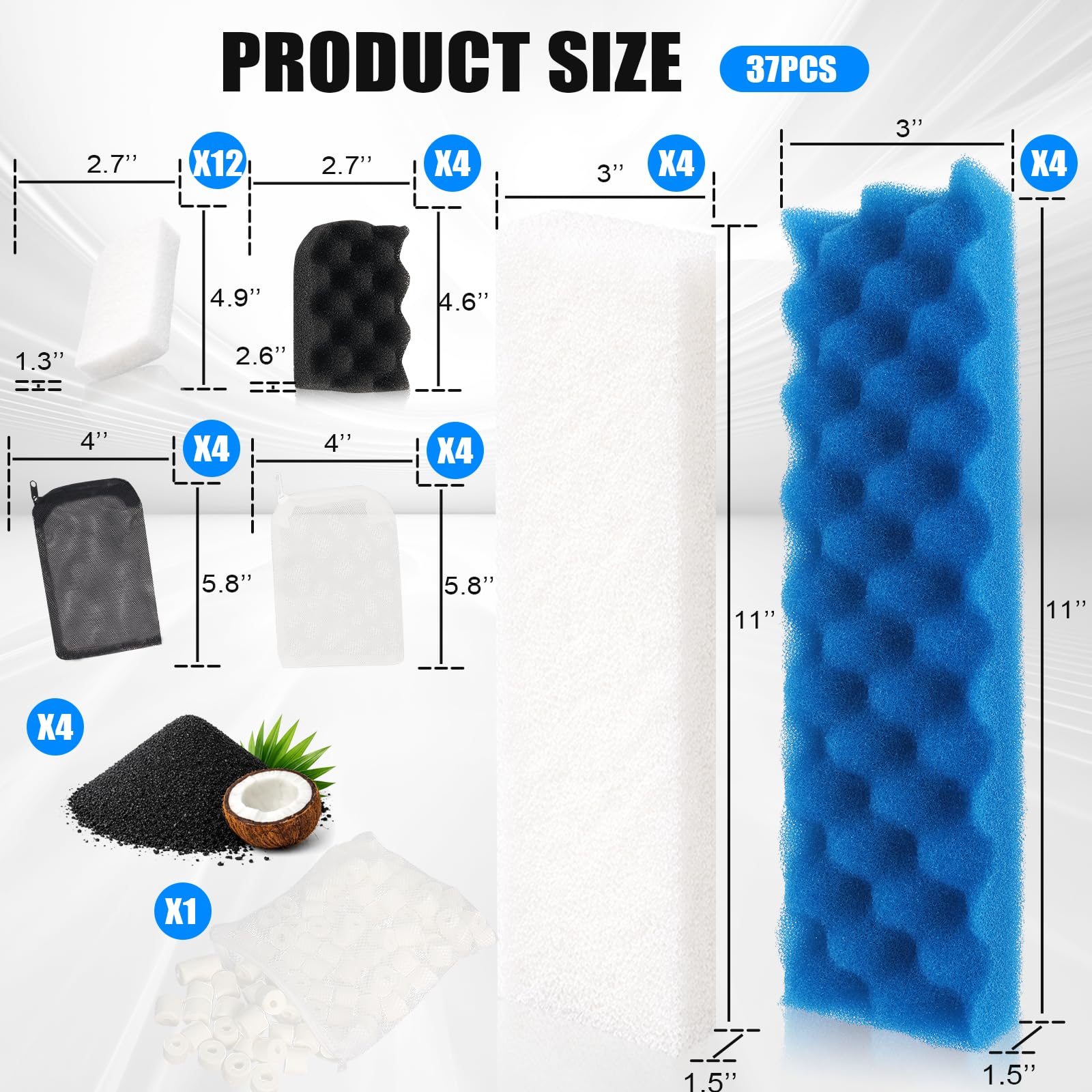 Hedday Média filtrant de rechange compatible avec Fluval 406/407 - 37 pièces de filtre d'aquarium avec mousse éponge biologique, tampons de polissage et médias adsorbants multifonctions pour eau douce