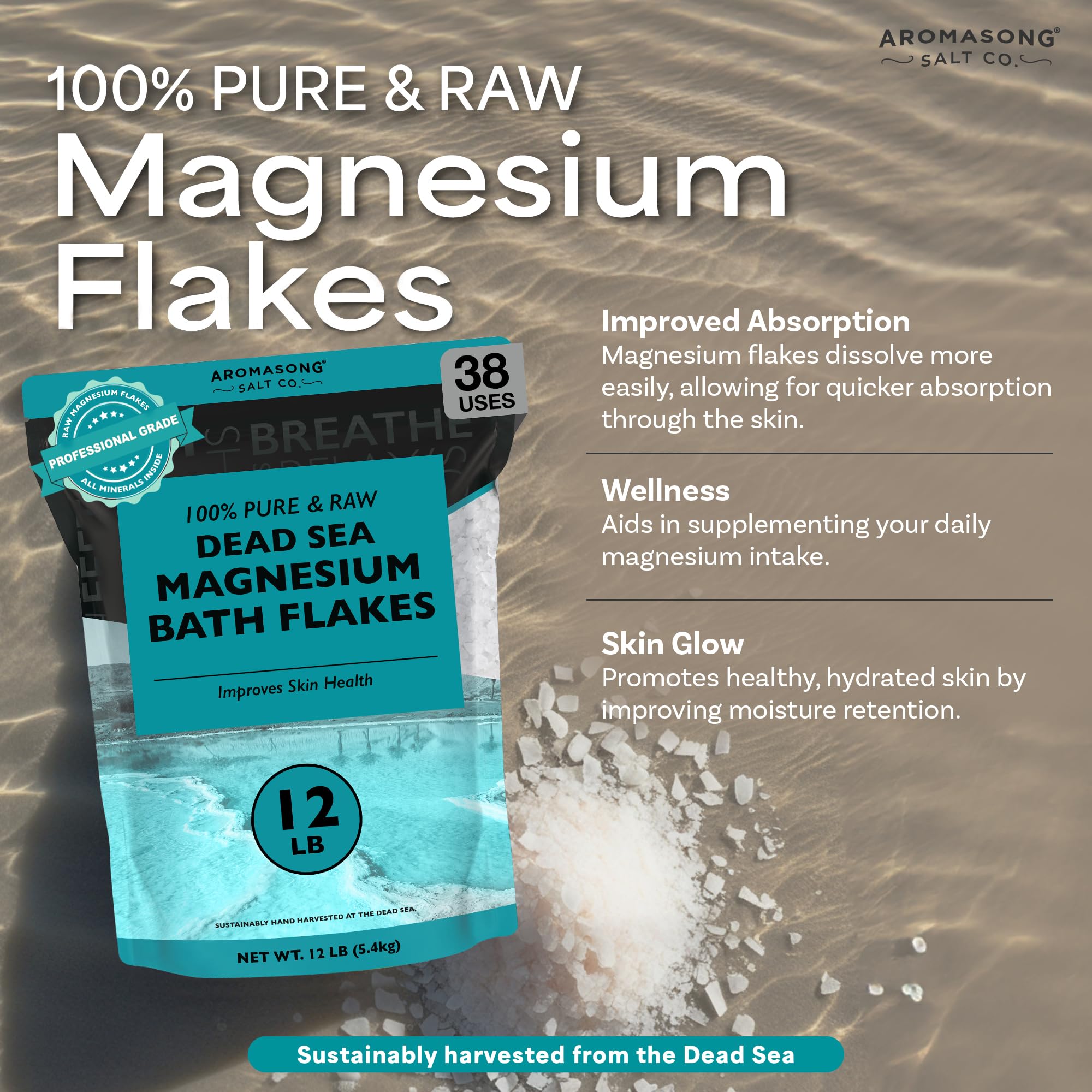 Aromasong Raw Magnesium Flakes from The Dead Sea, 12 LB - Muscle Relaxing Magnesium Chloride Bath Salts Soak for Headaches, Stress & Leg Discomfort