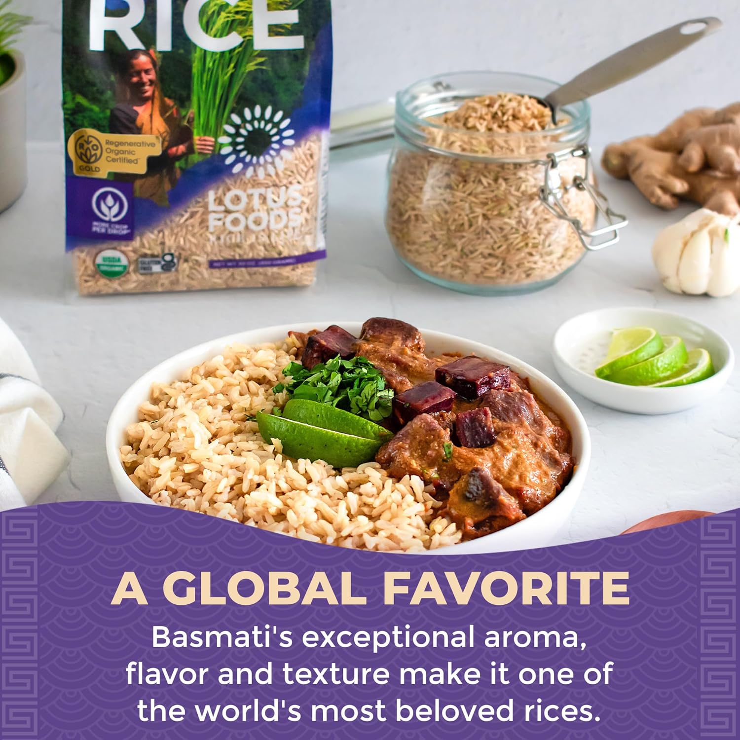 Lotus Foods Regenerative Organic Brown Basmati Rice - Gluten Free Whole Grain Heirloom Rice, Vegan, Non GMO, Use for Curries, Stir Fries, Rice Pudding, Salad, and More - 30 oz Bag (Pack of 3)