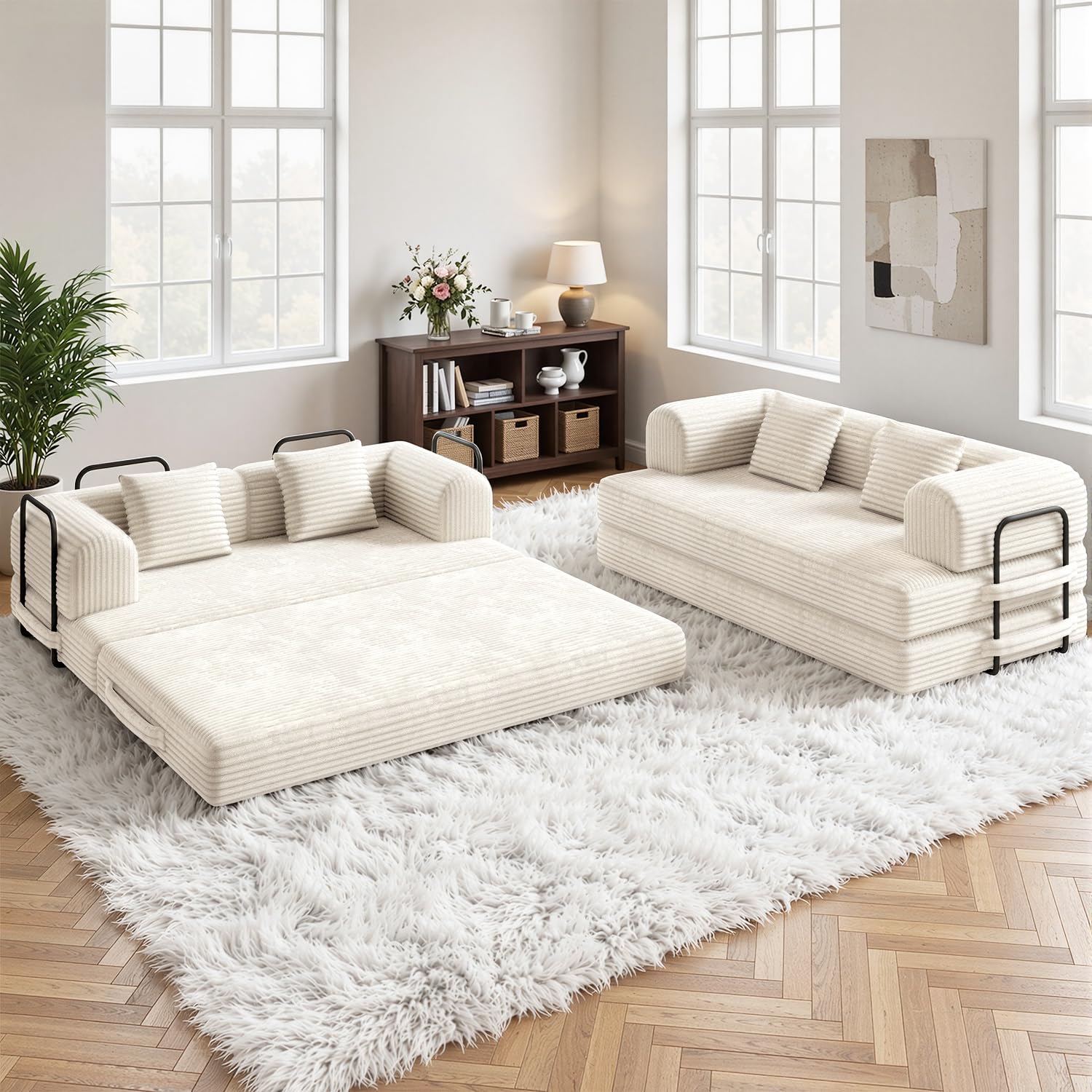 Xbro Sofá Cama 2 Plazas, Sofa Modular con 5 Configuraciones Transformables, Sofa Comprimido al Vacio(Sin Montaje) de Pana para Salón y Dormitorio, Blanco, 160x90x61 cm