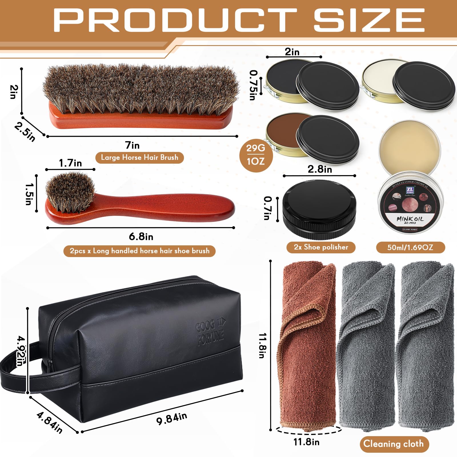 Kit de 13 esmaltes de zapatos para hombre, kit de brillo de zapatos negros, kit de cuidado de botas de cuero para limpieza con bolsa de almacenamiento de poliuretano