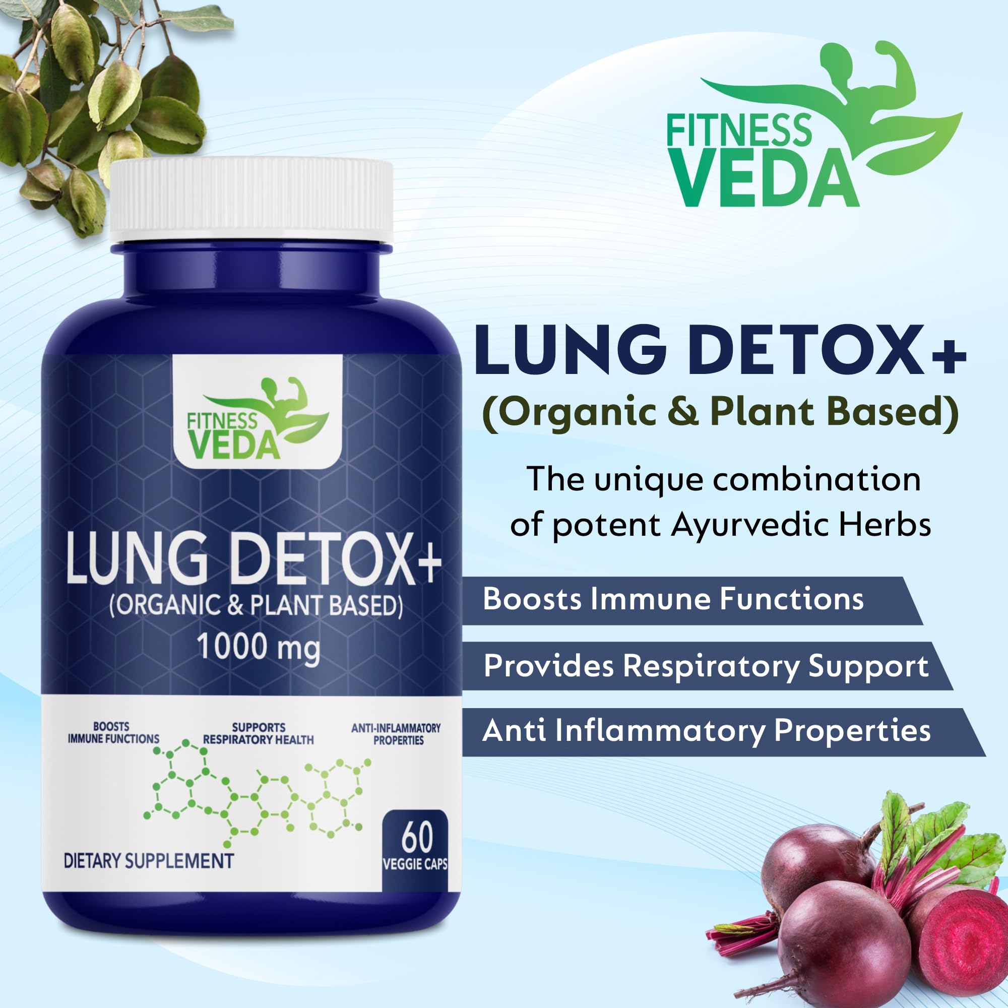 FITNESSVEDA Lung Detox+ Supplement | Respiratory Wellness & Immune Support |Organic & Plant Based | Clears Congestion, Supports Breathing Comfort, Improves Lung Health & Daily Cleanse | Pack of 1 – 60 Capsules — Amazon image 4