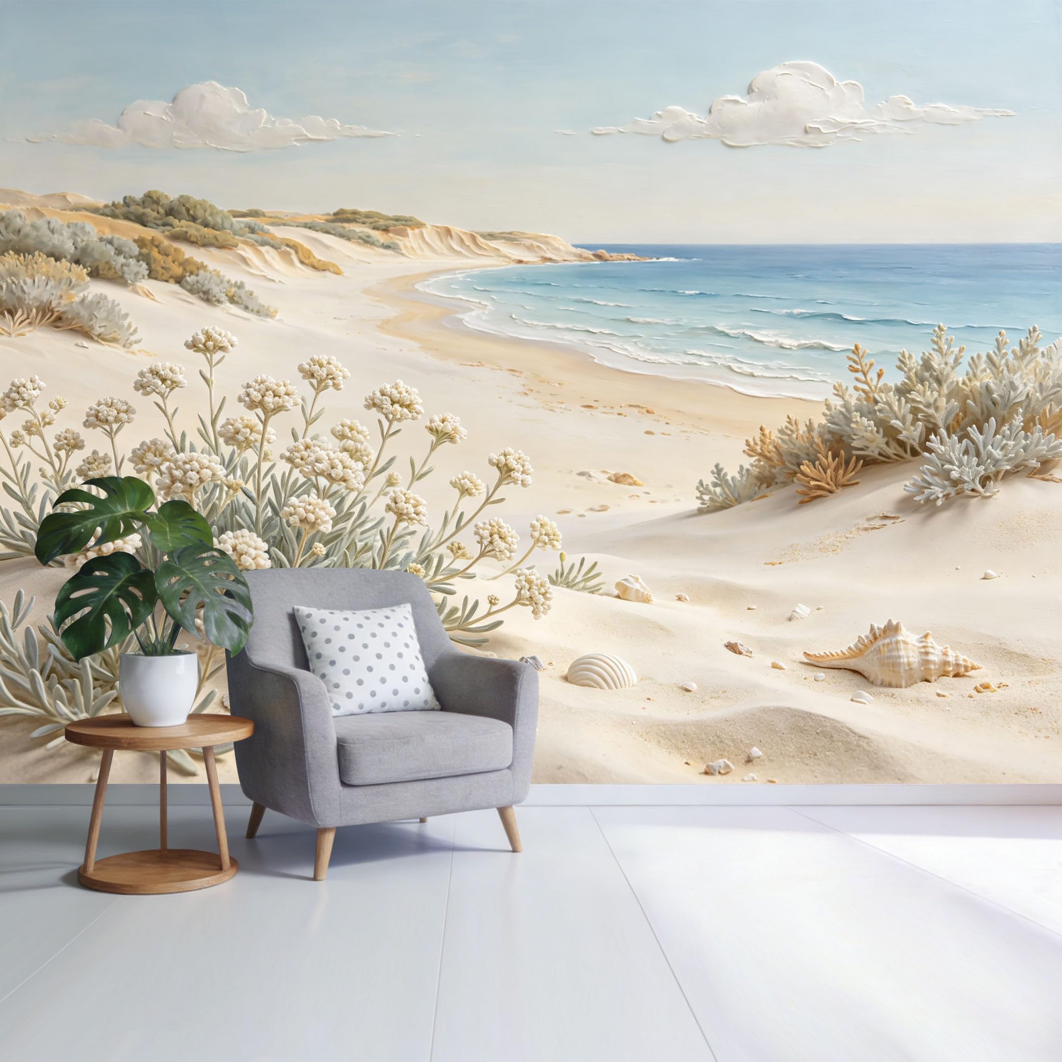 Custom Size Wall Mural Coastal Beach Dunes with Seashells Ocean Waves and Wildflowers SelfAdhesive Wall Fabric Removable Wallpaper for Home Office Decor