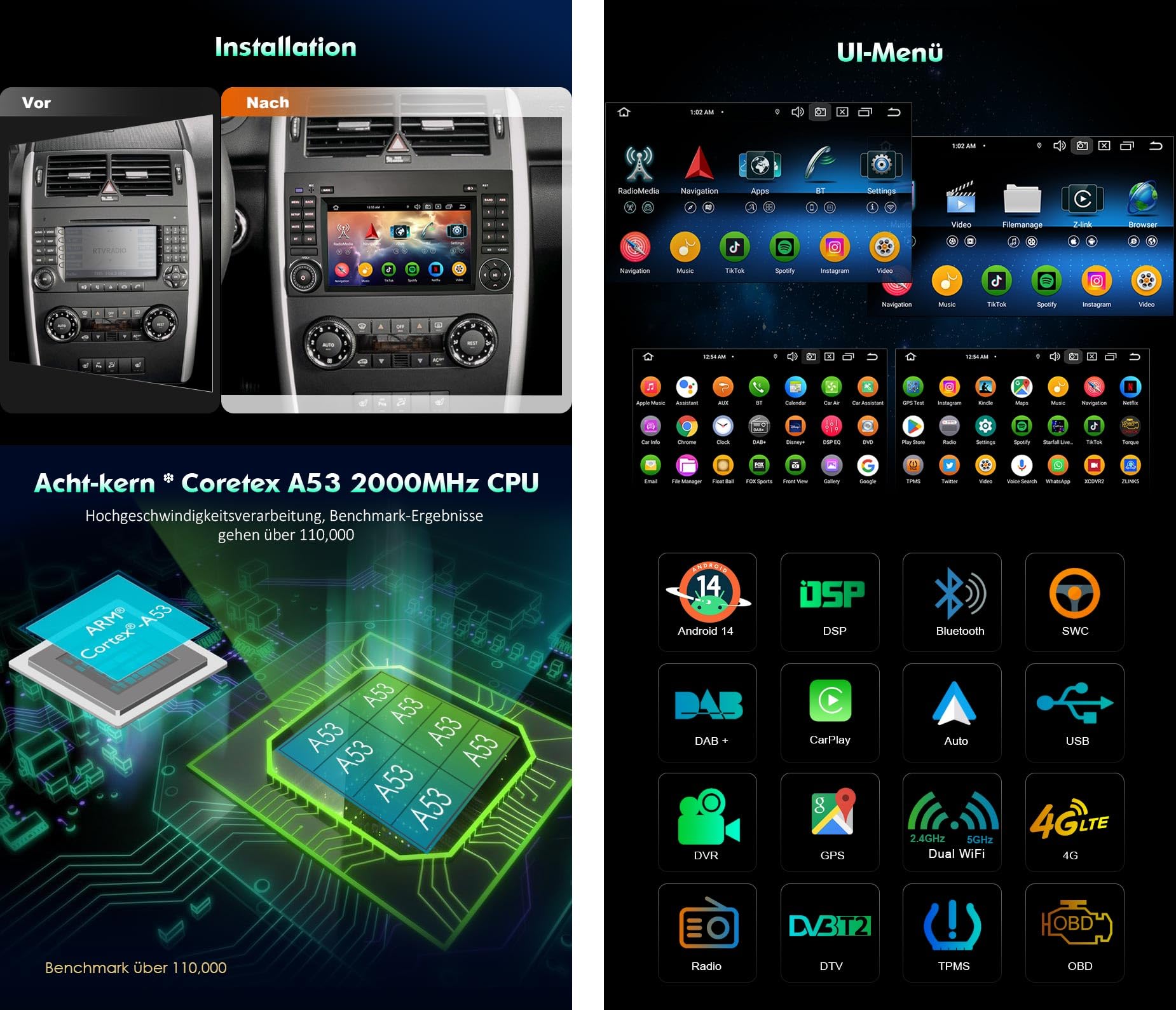 Erisin radio samochodowe 7" 8-rdzeniowe 4GB+64GB z systemem Android 14, Bluetooth, GPS, nawigacja do Mercedesa Klasa A W169, Klasa B W245, Viano, Vito, Sprinter, VW Crafter, Canbus, CarPlay, Android