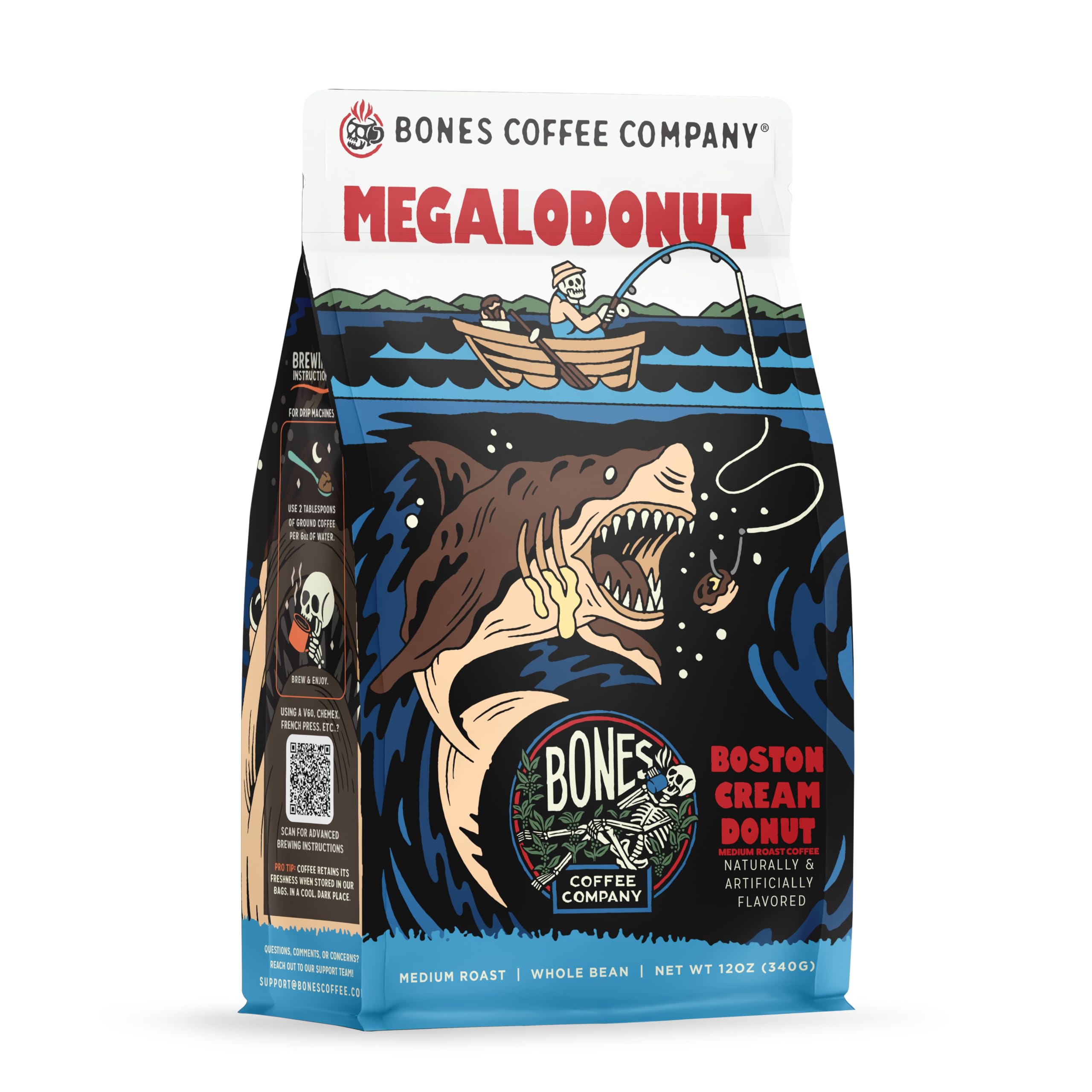 Bones Coffee Company Megalodonut, Boston Cream Donut Flavored Coffee, Medium Roast Low Acid Arabica Beans Compatible with Auto drip and French Press Coffee Maker, 12 Oz Whole Bean