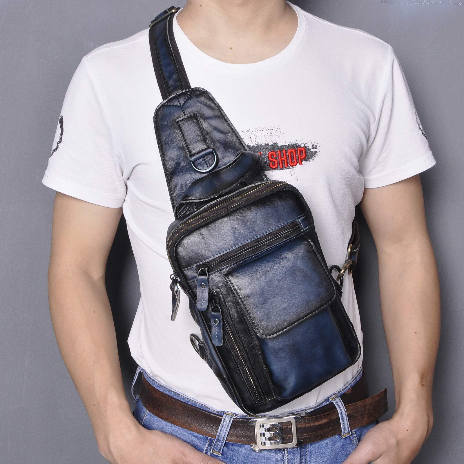 Le’aokuu Herren Echtes Leder Brusttasche Crossbody Bag Sling Bag Schultertasche Gurteltasche Umhängetasche Rucksack Brustbeutel Für Outdoor Sport Reisen B574 (B574 ciemnoniebieski)