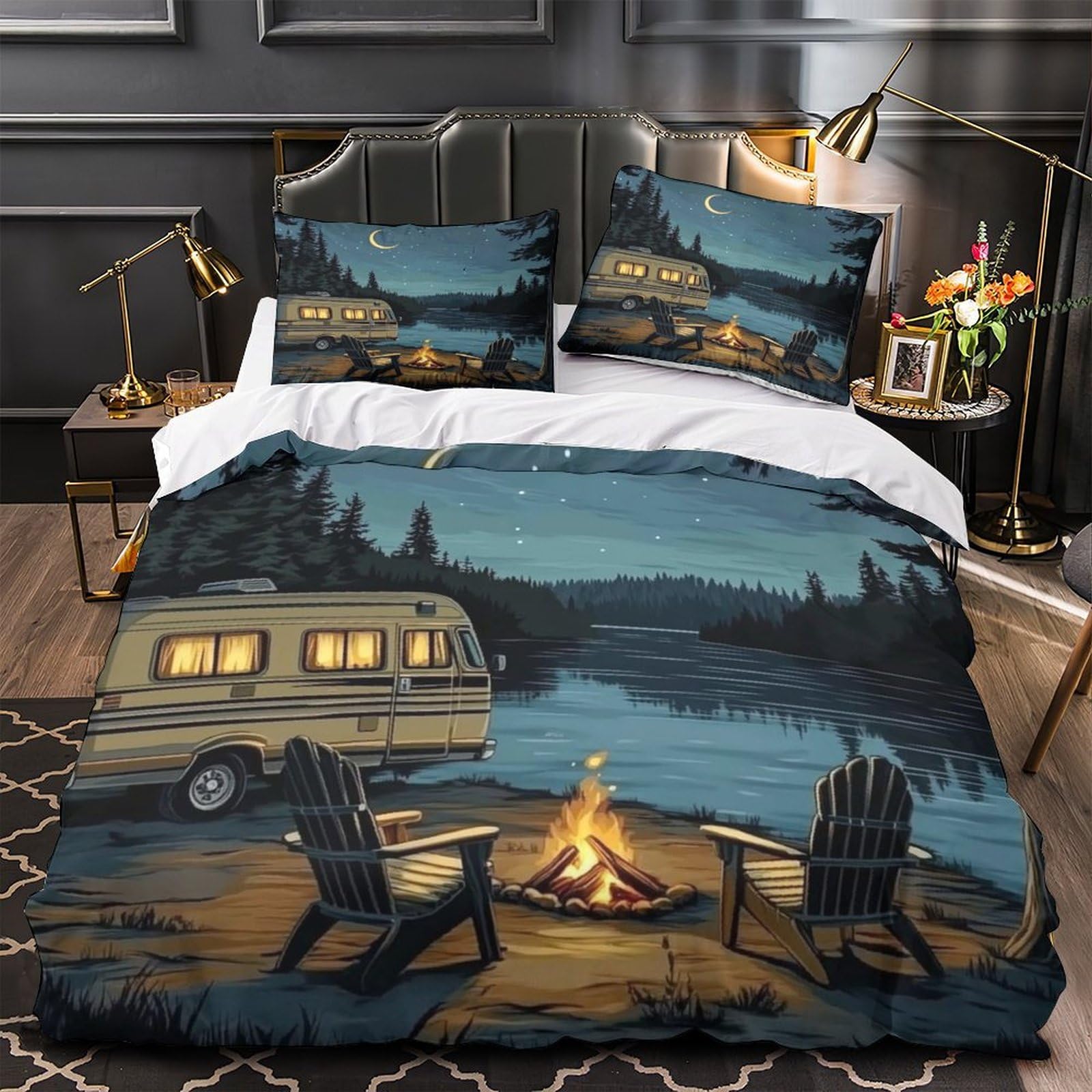 MMDASBVPE Campfire Night Scene Duvet Cover 3D Design Printed Extra Soft 3 Pieces Bedding Set Zipper Quilt Cover Hotel Quality Washable for Adults Kids Women Teens Youth Boys Double（200x200cm）