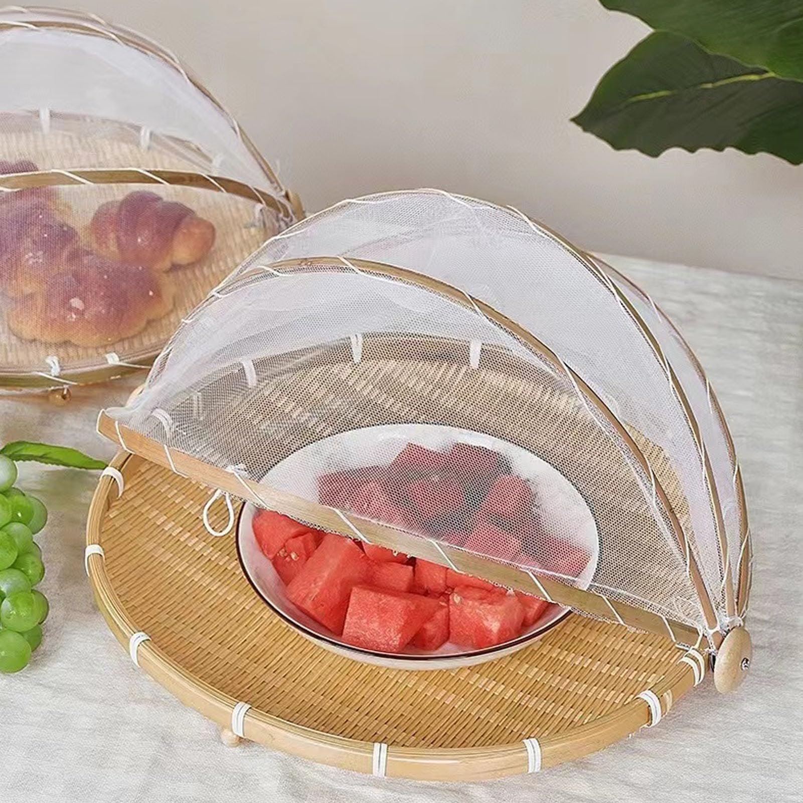 Sahgsa Housse de Protection Anti-Mouches - Panier Alimentaire Rond tissé à la Main avec Couvercle en - Panier de Cuisine en Bambou - Panier de Pique- Nique - Panier à Pain, Fruits, légumes