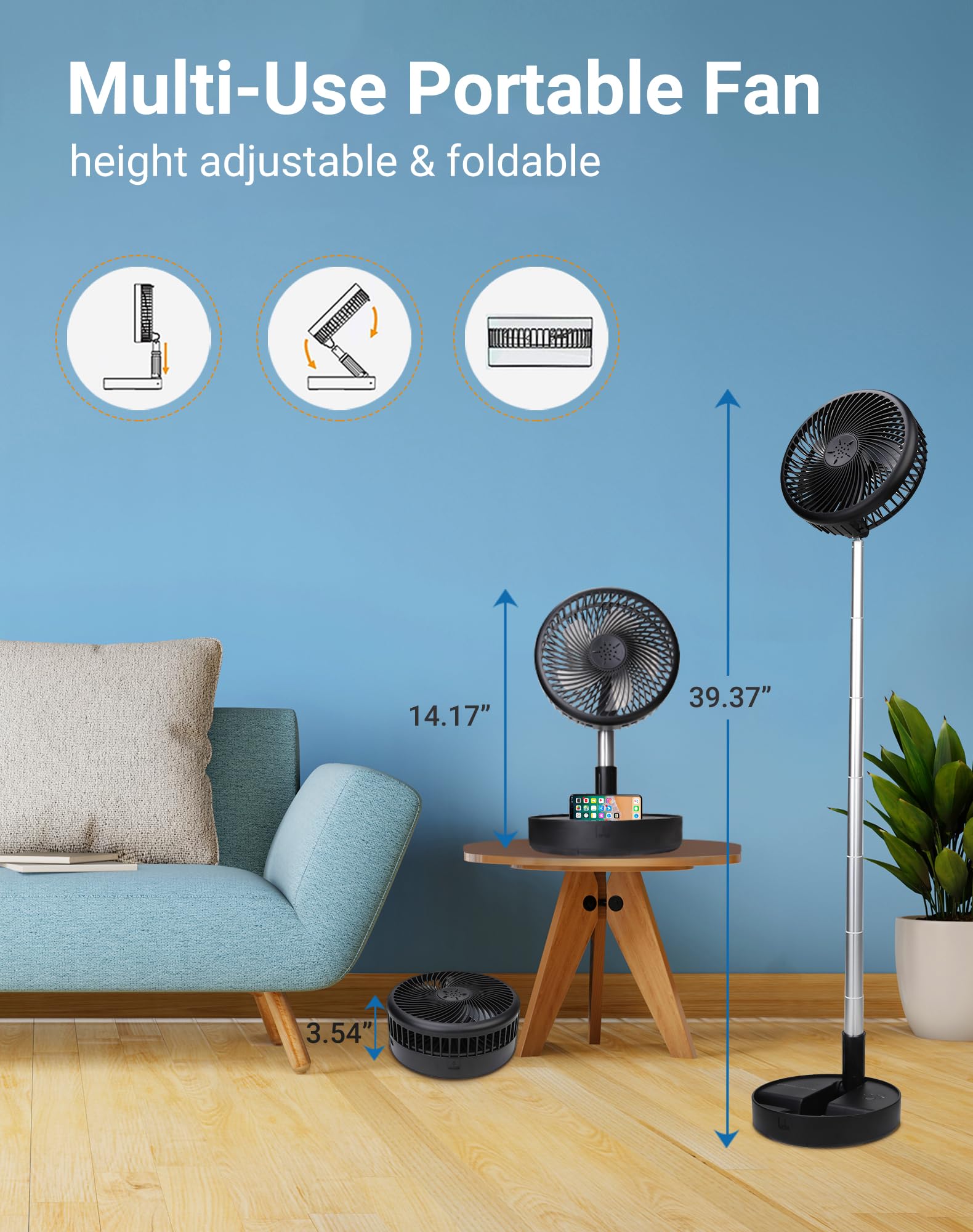 Ventilador a pilas, ventilador de escritorio portátil recargable con USB con altura ajustable, ventilador de pedestal de 4 ajustes de velocidad para dormitorio, campamento, viajes, color 3