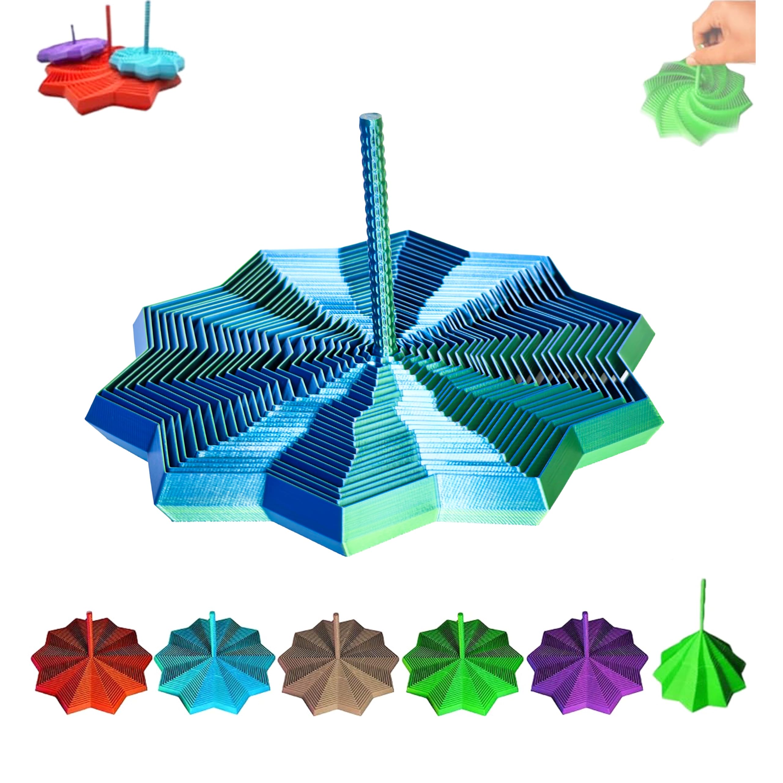 Amarise 3D-Printed Expanded Sensory Fidget Star – Spiral Honeycomb Hexagon with Handle, Stress Relief Toy, for Adults & Teens, PLA Material (Blue-Green, 4.72in)