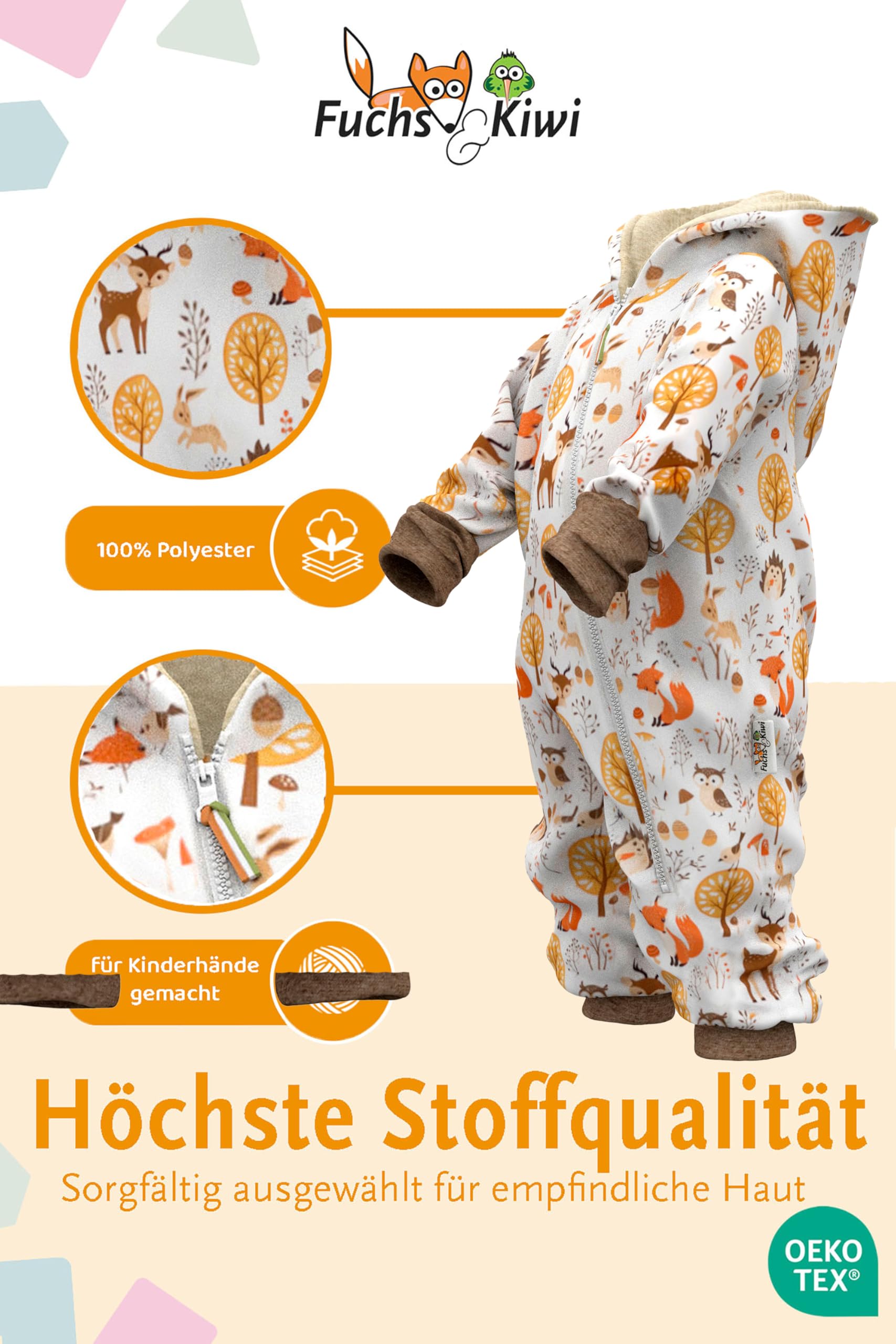 Fuchs & Kiwi Softshelloverall Baby mit Kapuze – Regenoverall mit Fleece gefüttert – Öko-Tex – Handmade in Berlin – Softshellanzug Kinder & Kleinkind