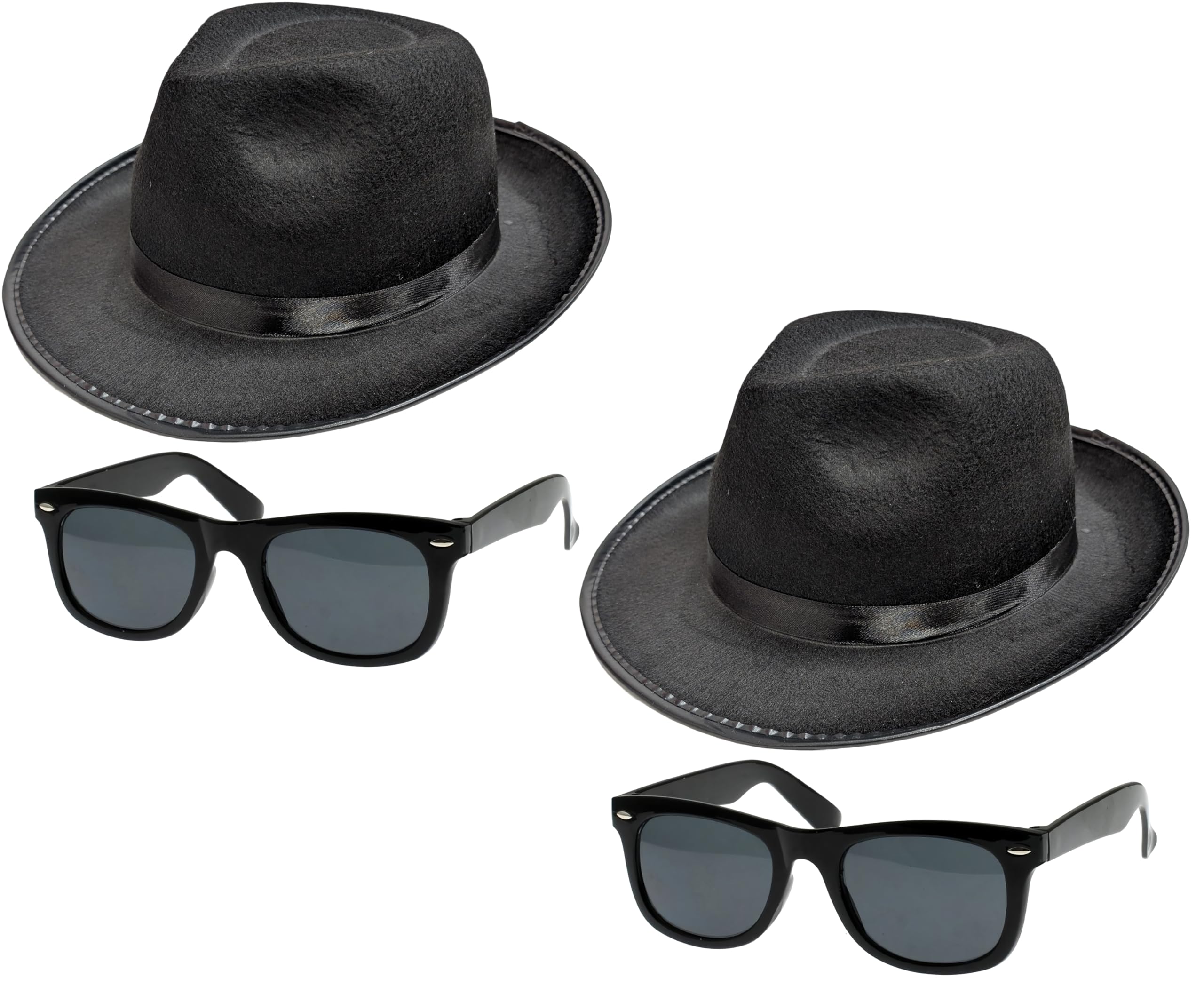 2 x Blues Brothers Hat & Glasses Set – Black Fedora Hats with Satin Band & Dark Lens Sunglasses – Iconic 1980s Blues Fancy Dress Costume Accessory for Adults – for Tribute Acts, Halloween & Parties