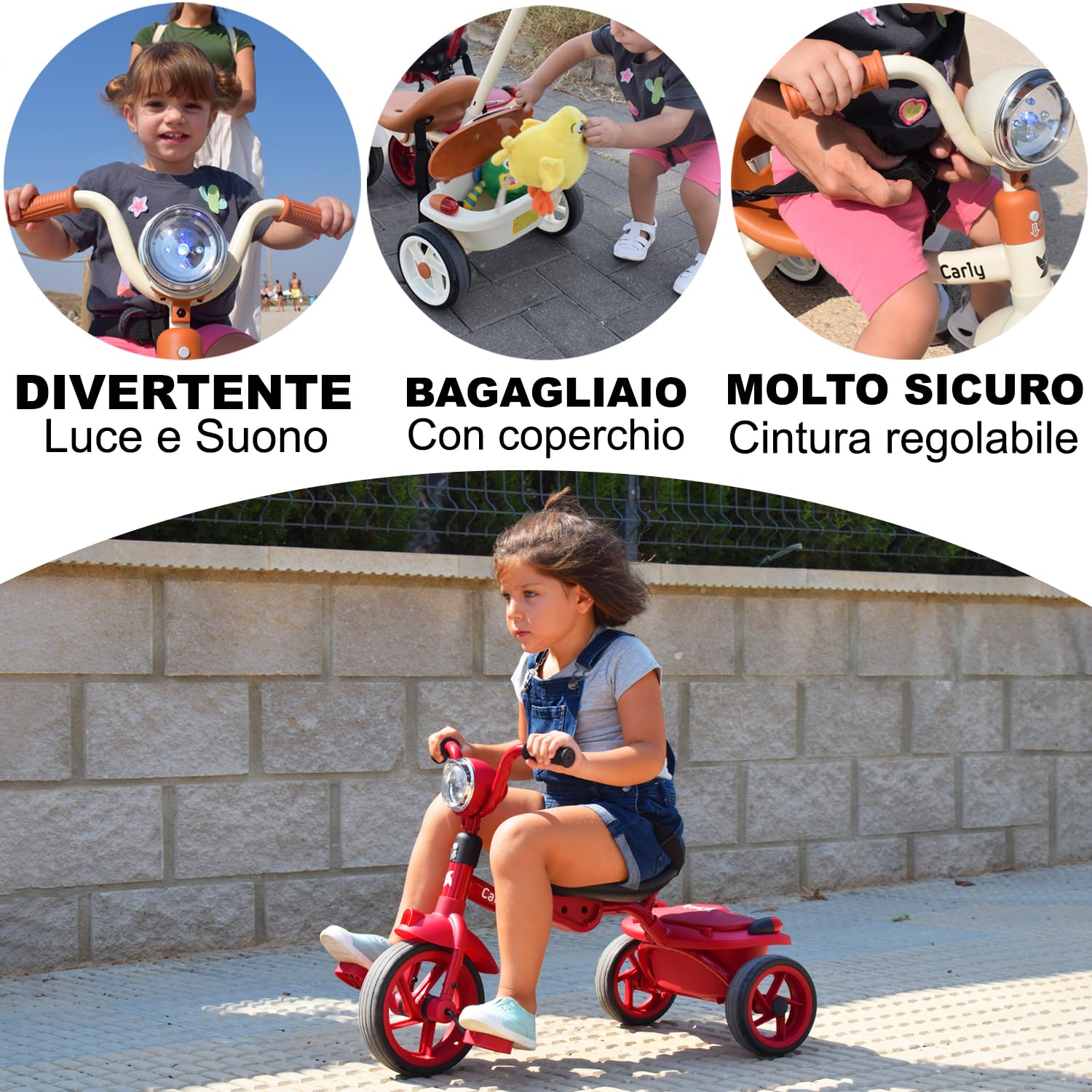 Twinly Triciclo Evolutivo per Bambini Pieghevole per bambini 1-5 Anni - Triciclo per Bambini Leggero e Compatto - Manubrio con Luce e Suono, Cestino e Barra di Spinta Regolabile Carly (Menta)