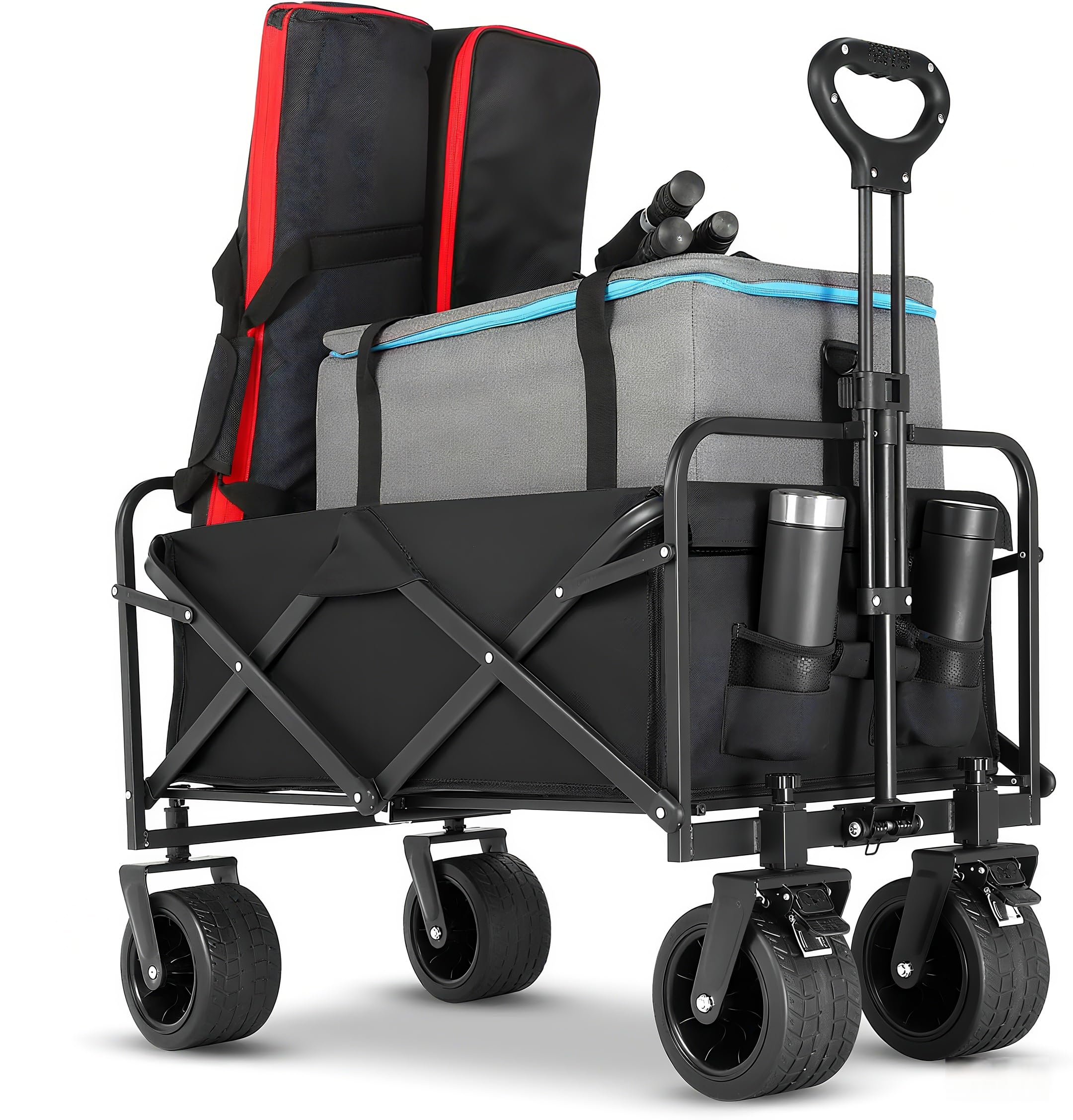 Carrello XXL pieghevole, 150 l, 225 kg, carico carico carico con 4 ruote rinforzate, ruote da ringhiera a 360°, carrello pieghevole da spiaggia con 2 portabevande da 10 cm, pneumatici per campeggio