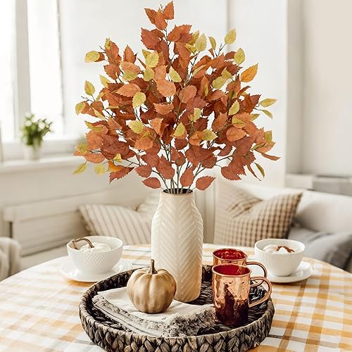 Miniatura 2 de Tallo de hojas de abedul artificiales de otoño, 6 piezas de tallos largos de vegetación de otoño de 33.4 pulgadas de alto, plantas falsas con ramas