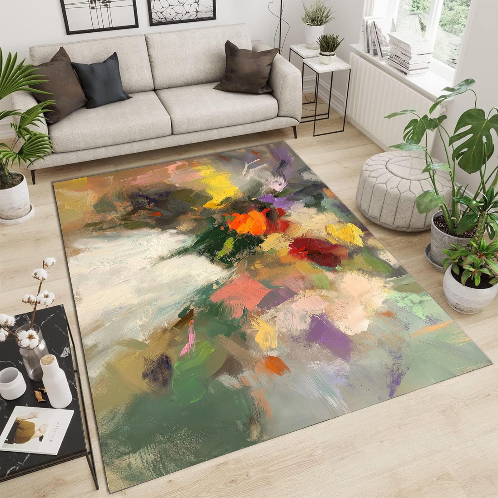 Tapis de salon vert 90x150cm lavable imprimé nature morte florale abstraite