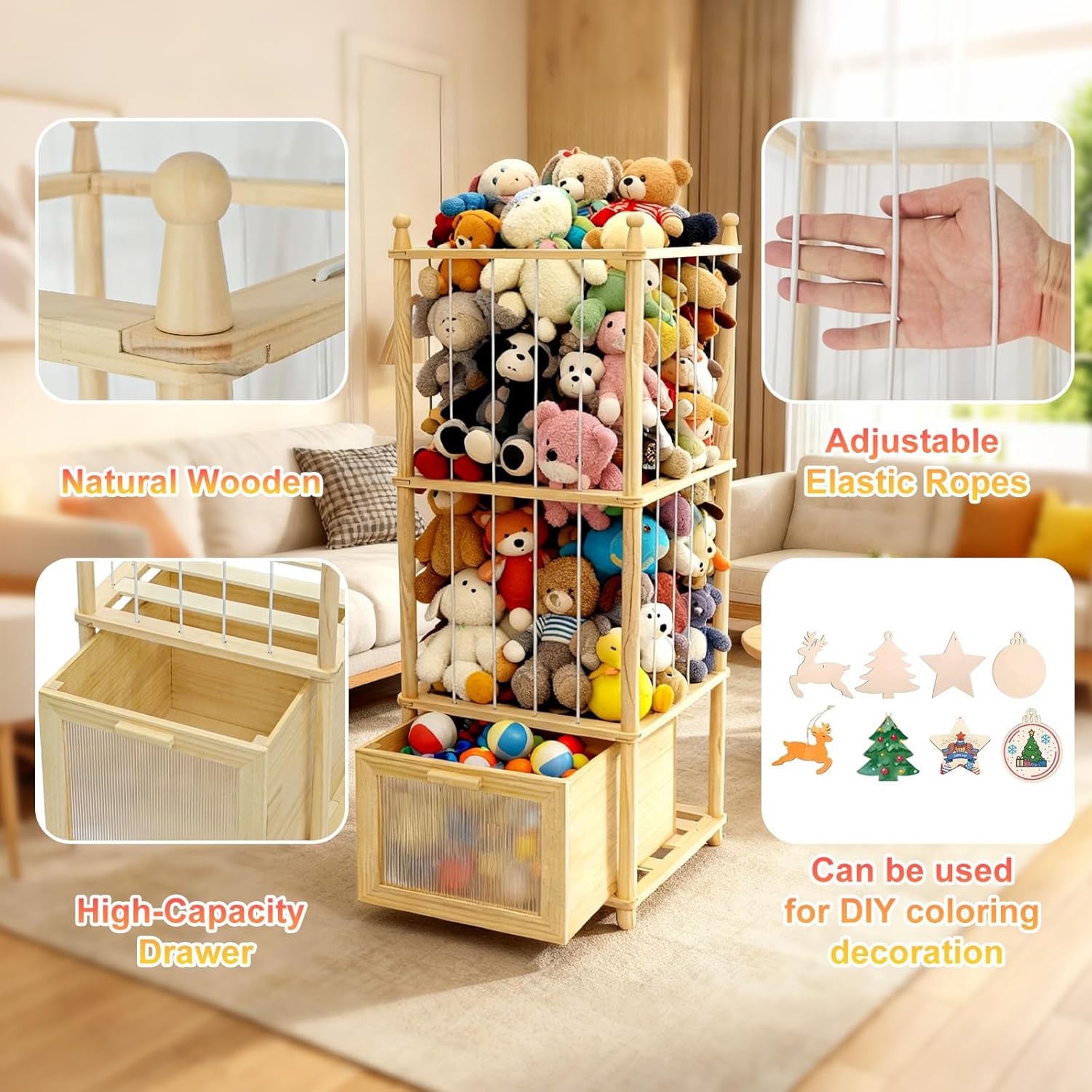 Stuffed Animal Storage with Clear-View Drawer, Wooden Stuffed Animal Zoo Organizer for Nursery & Playroom, Holder for Plush Toys,Balls,Blocks,Wooden Home Decor - Image 9